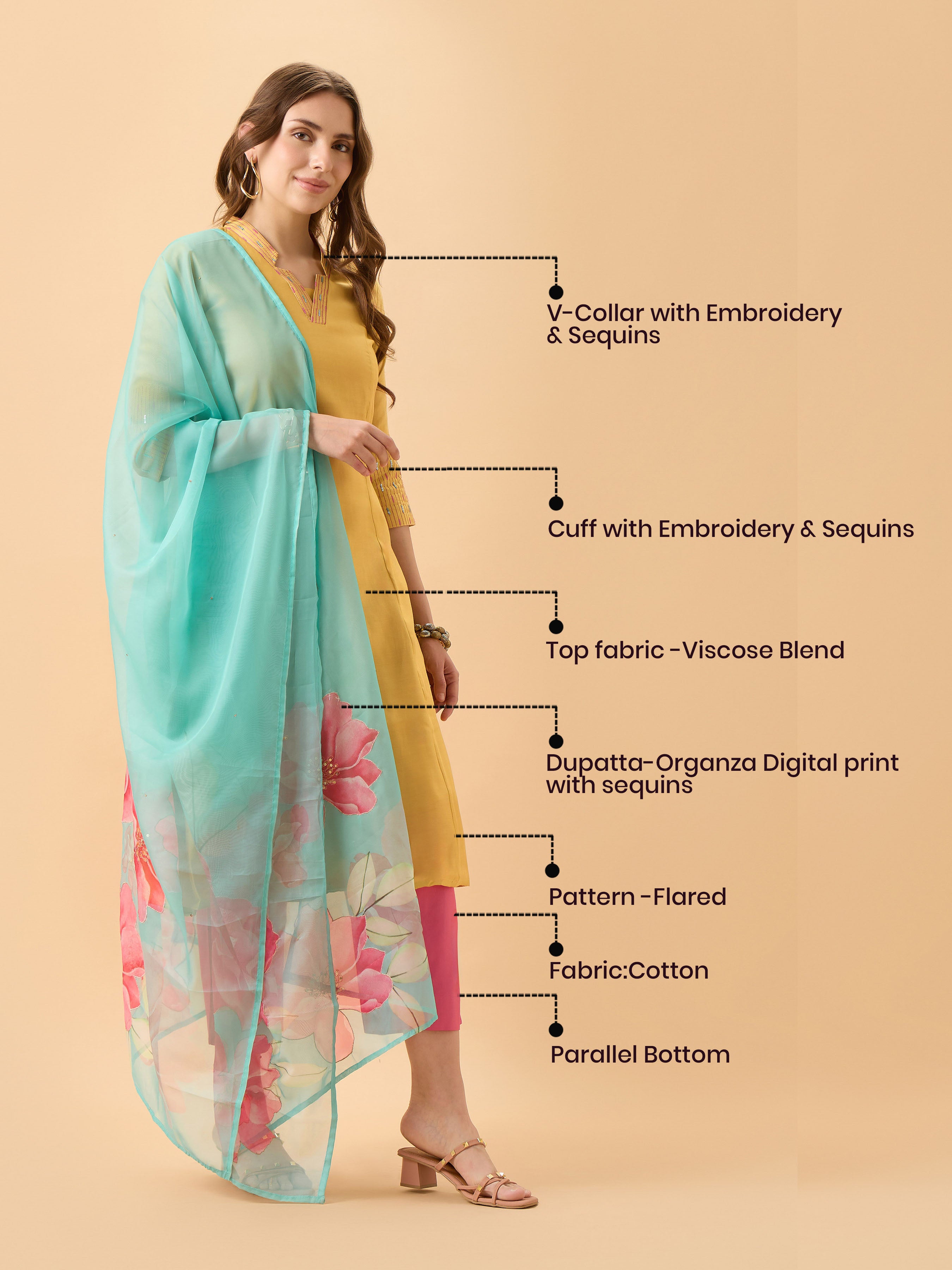 Yellow Viscose Blend Kurti Set With Sequins Work Styled With Printed Dupatta