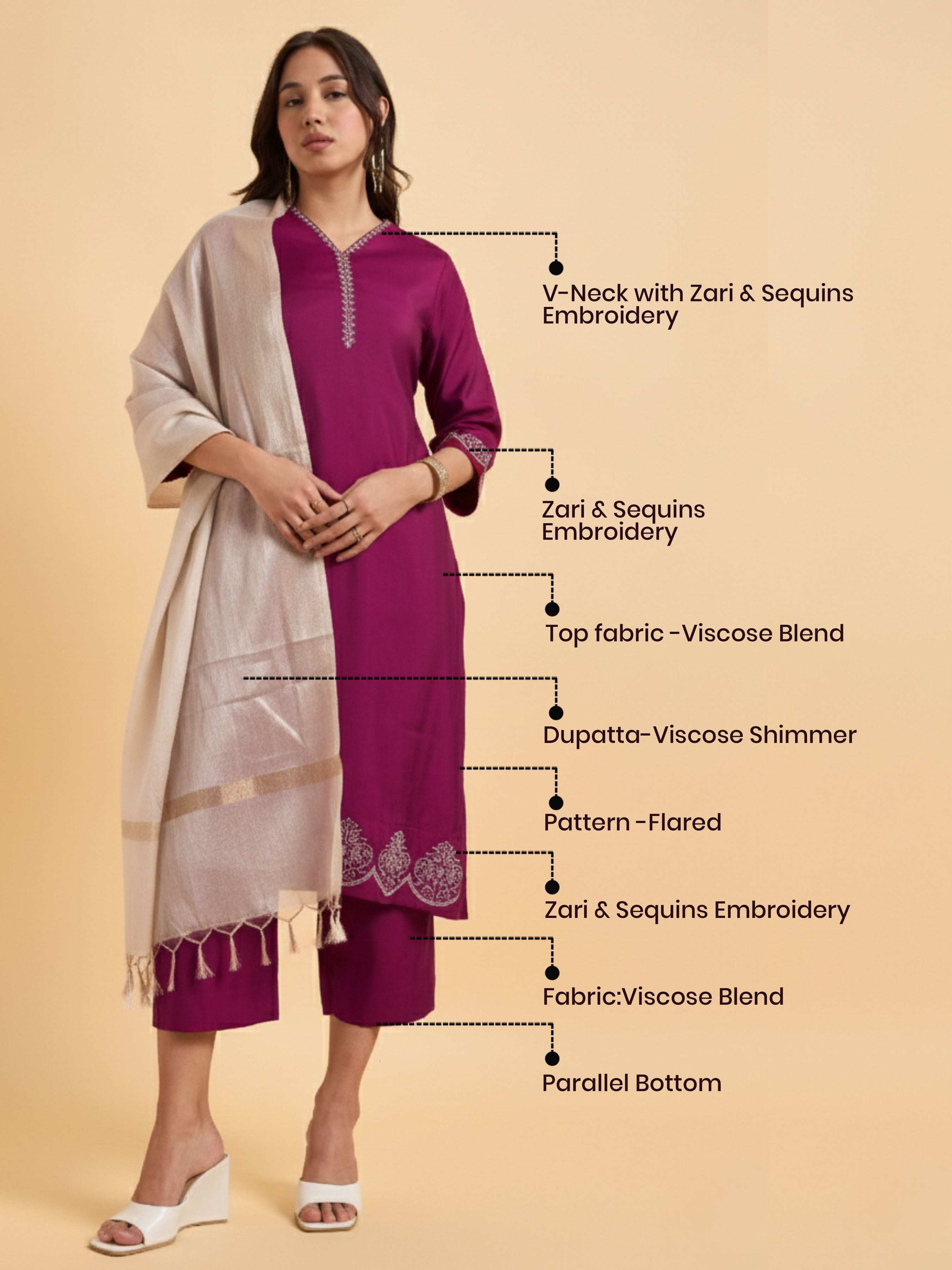 Magenta Viscose Blend Kurti Set With Dupatta And Sequence Embroidery
