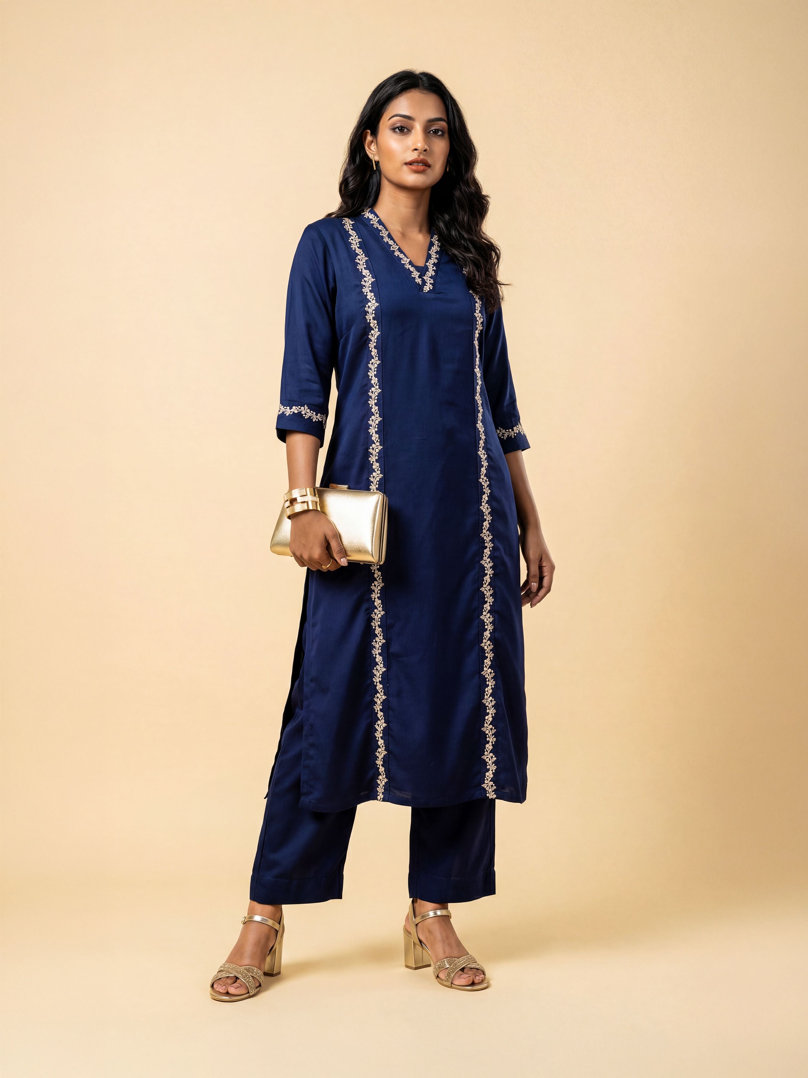 Royal Blue Viscose Kurti Set With Dupatta And Handwork Embroidery