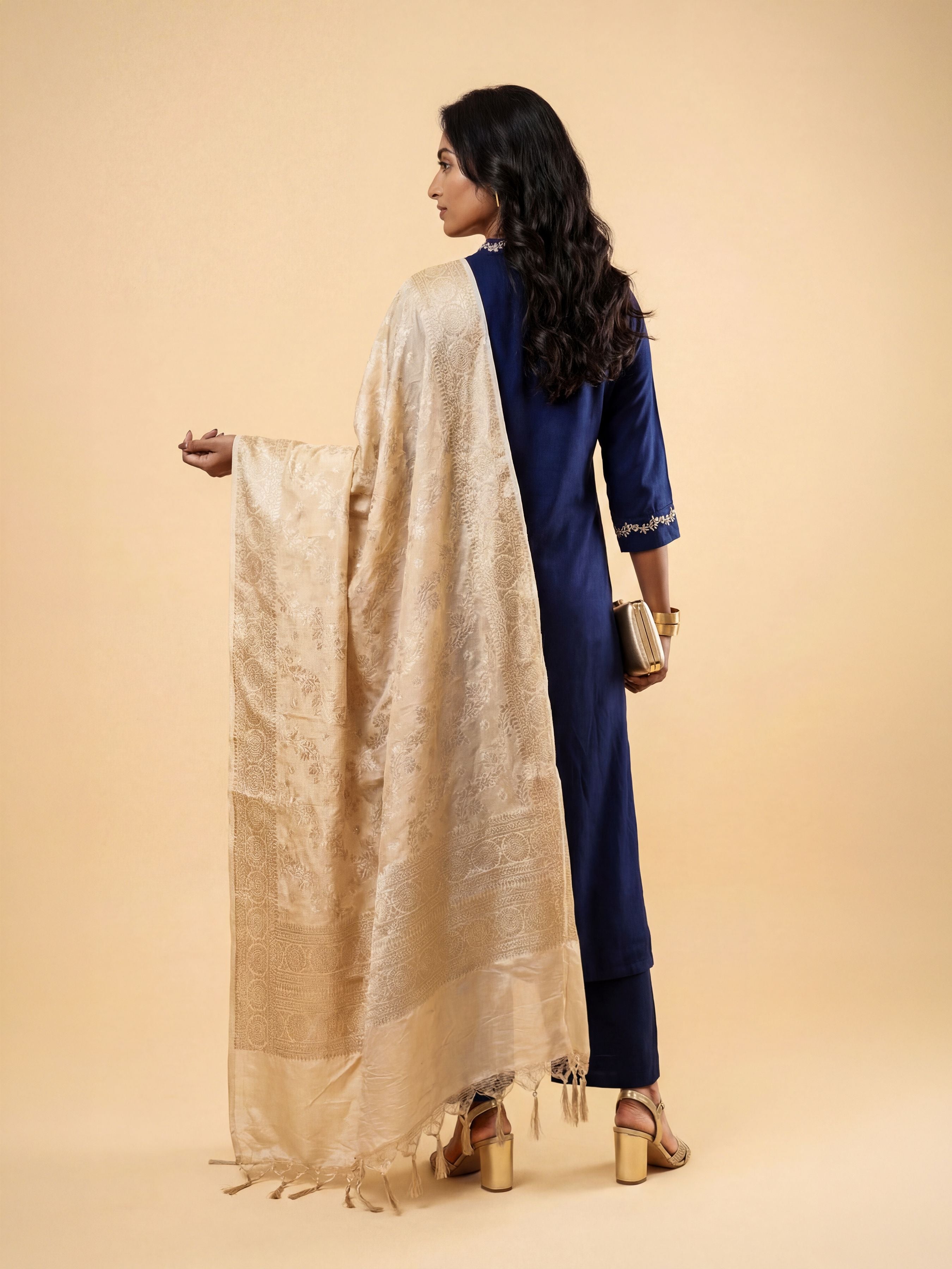 Royal Blue Viscose Kurti Set With Dupatta And Handwork Embroidery