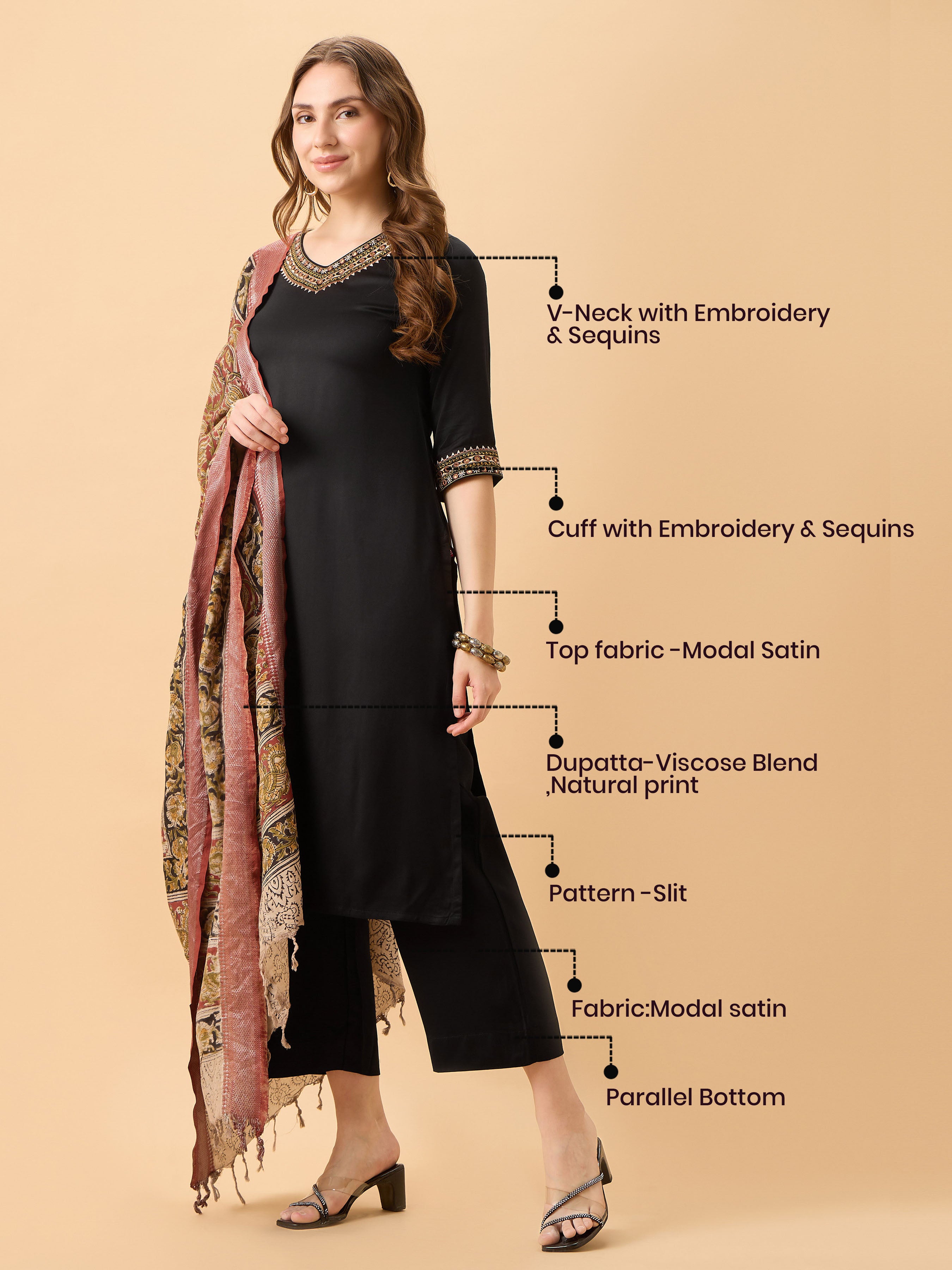 Black Viscose Kurti Set With Kalamkari Dupatta