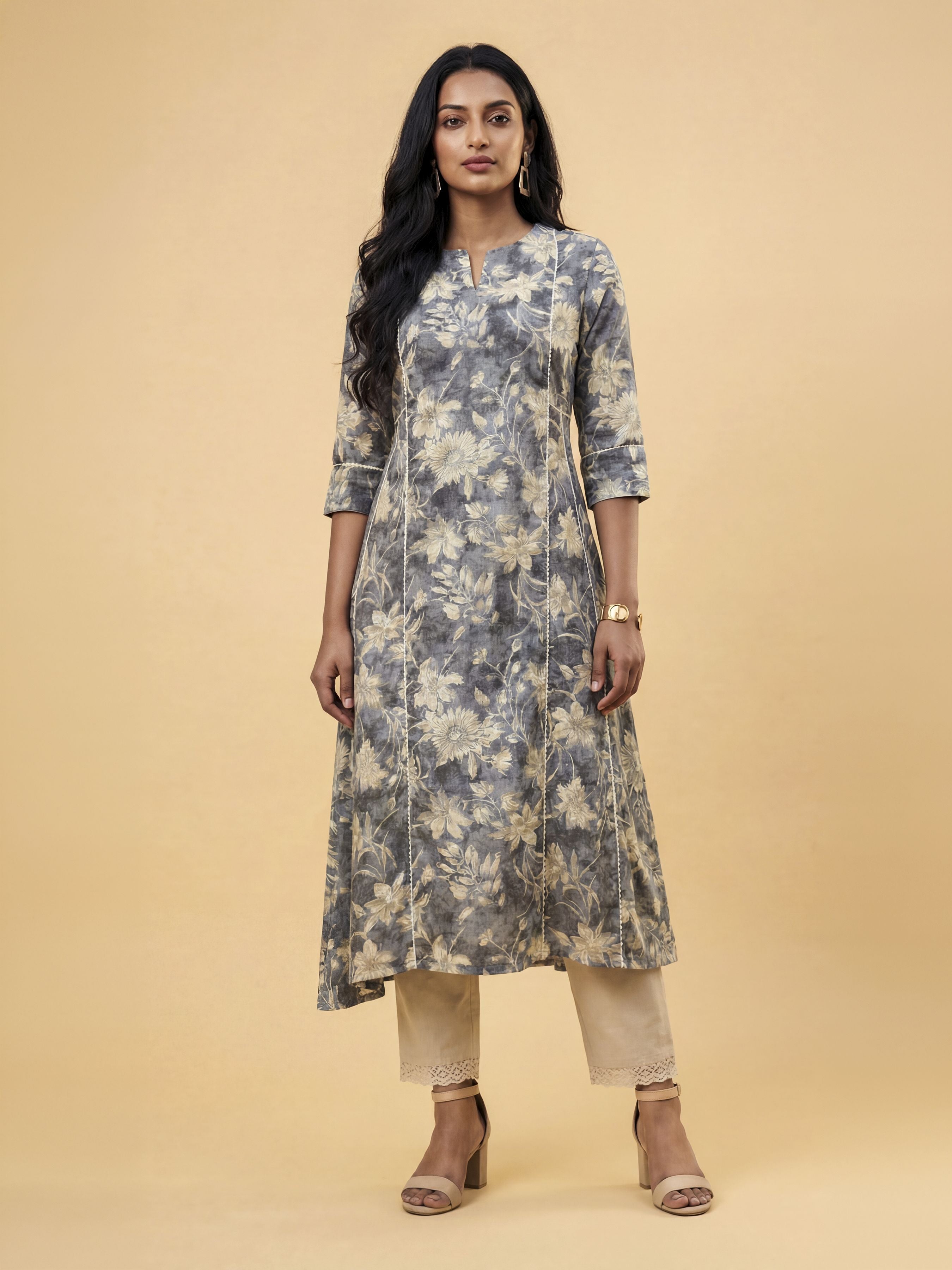 Grey Multi Colour Modal Chanderi Kurti With Lace
