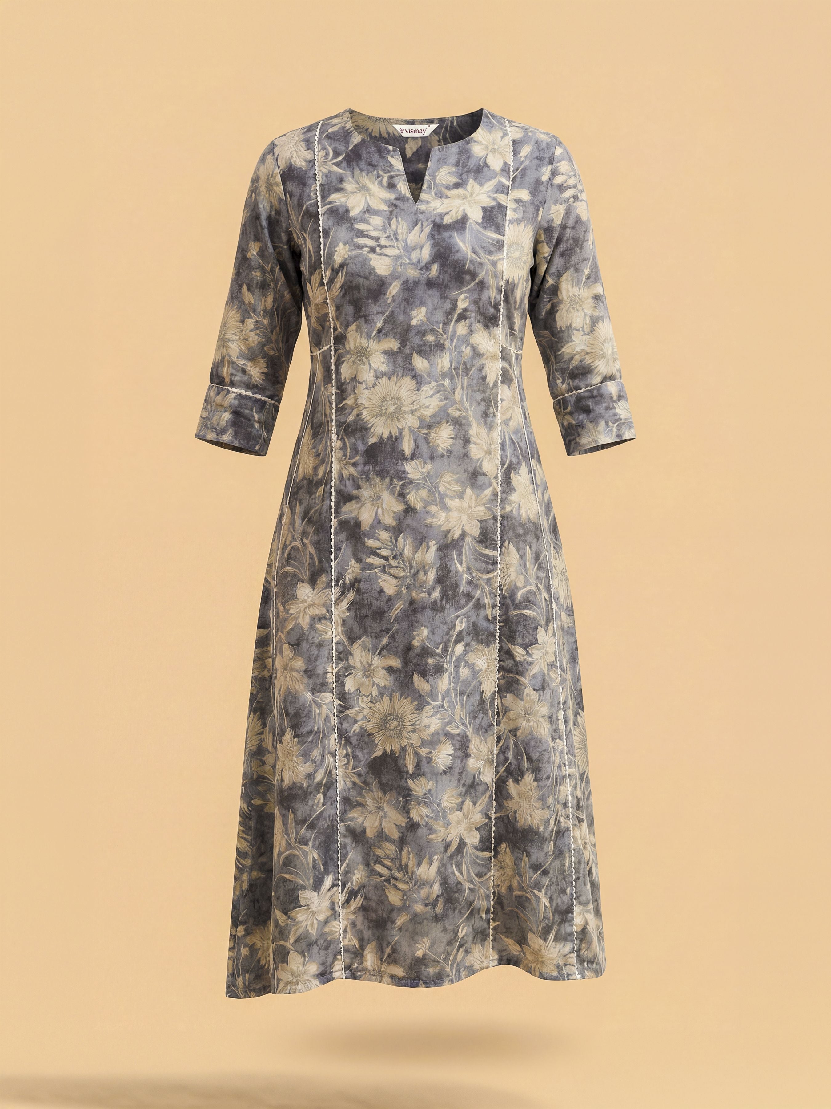 Grey Multi Colour Modal Chanderi Kurti With Lace