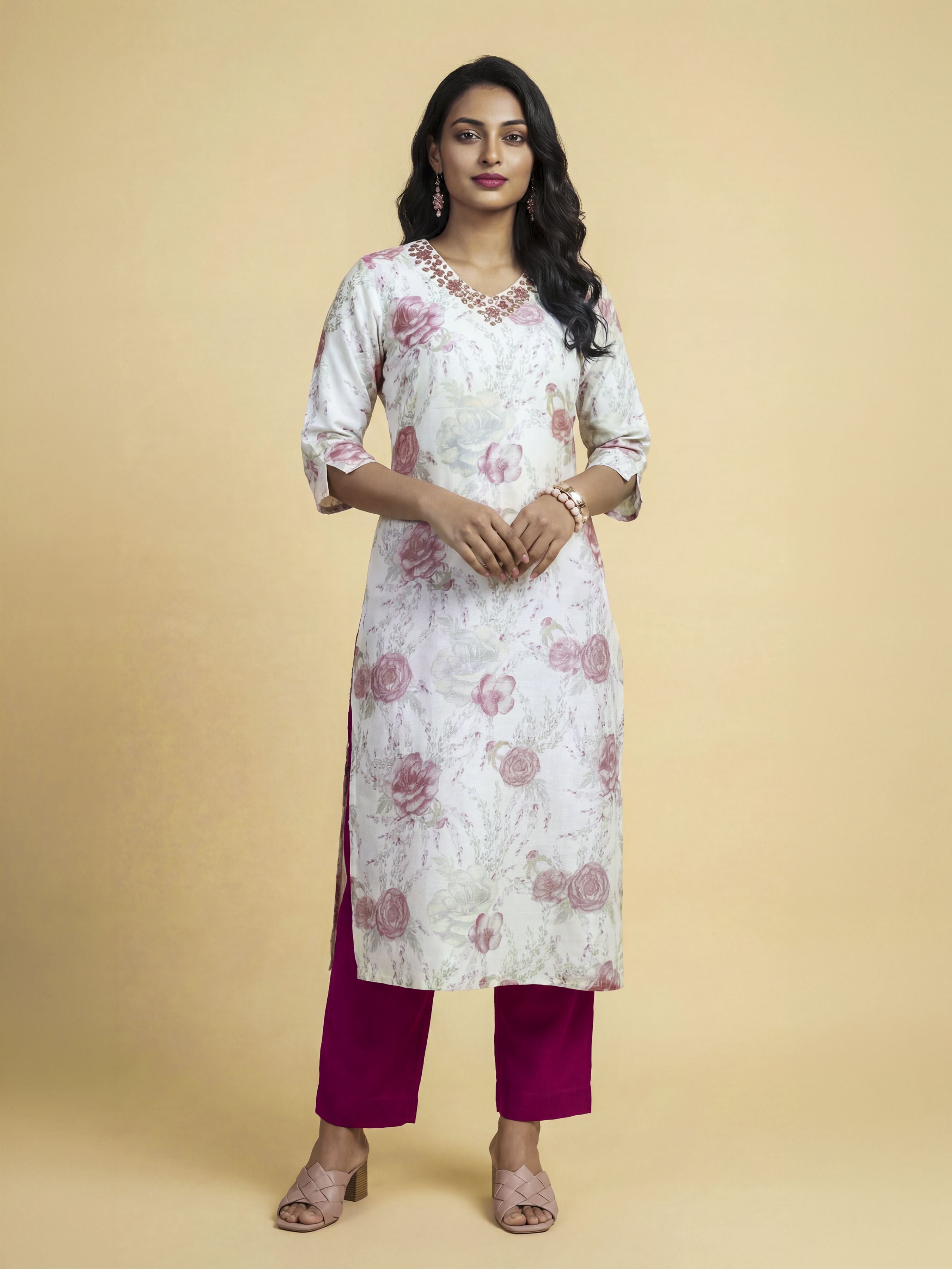Ivory Multicolour Viscose Blend Slit Kurti Set With Mirror Work