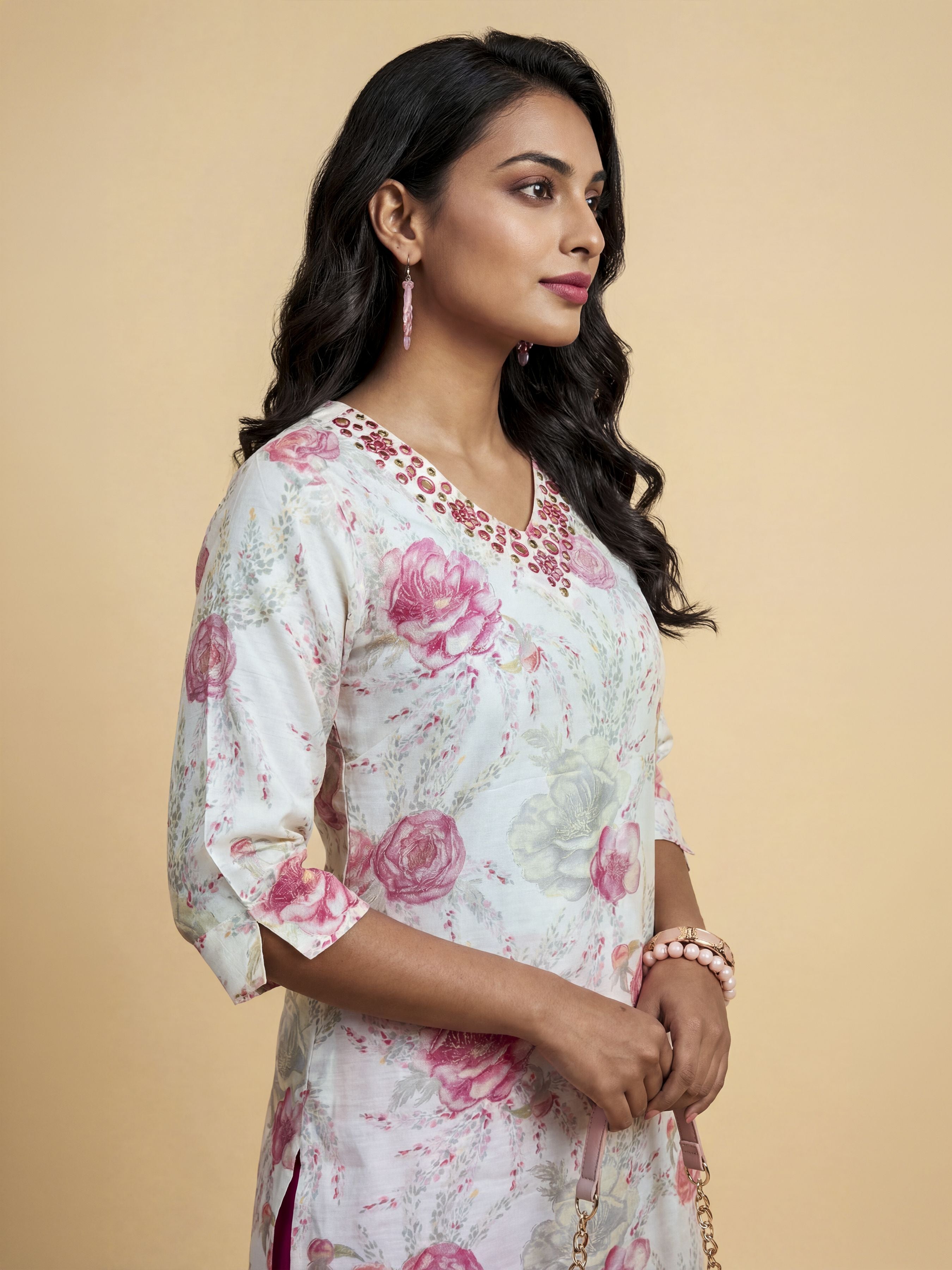 Ivory Multicolour Viscose Blend Slit Kurti Set With Mirror Work