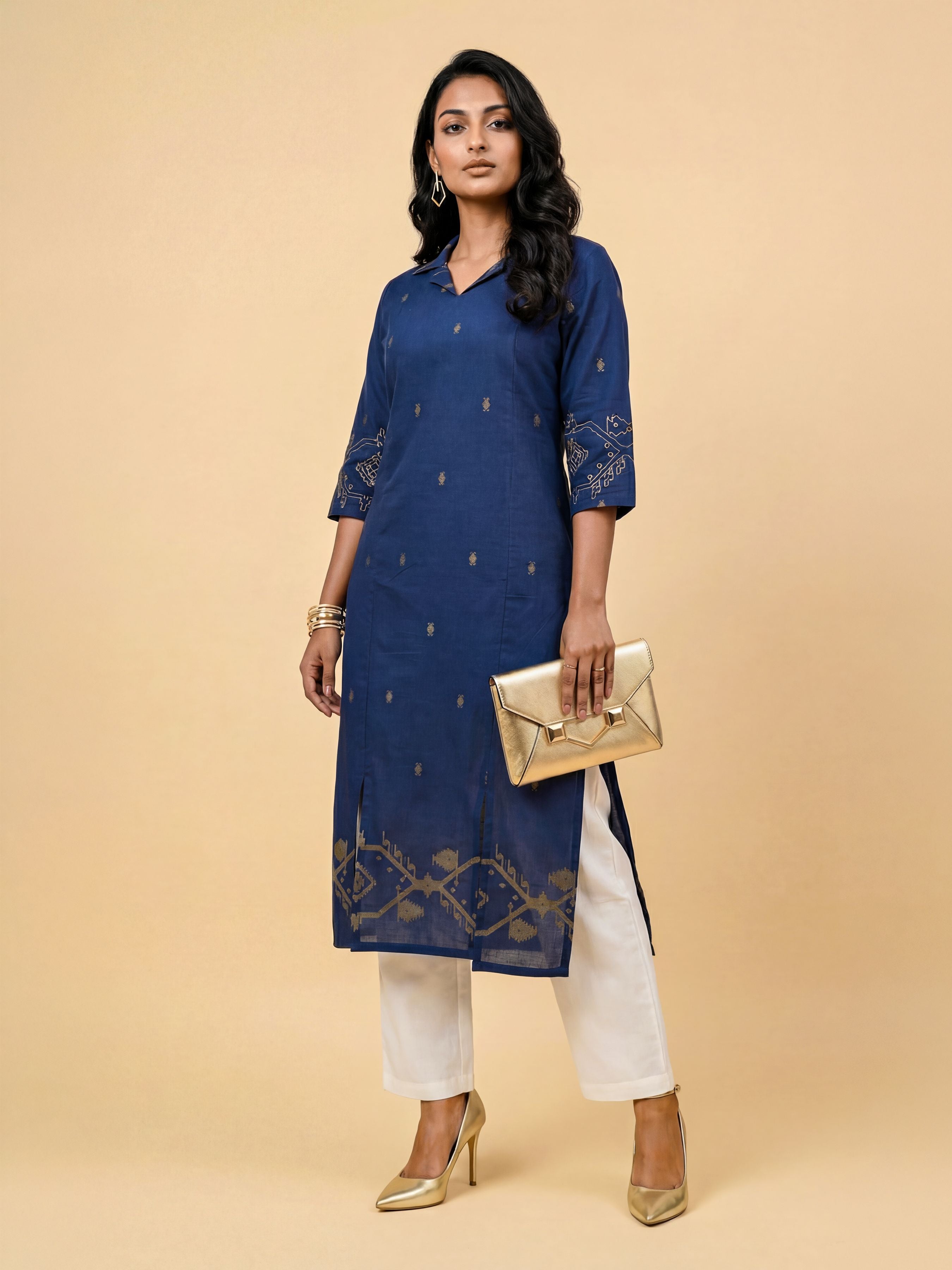 Navy Mustard Cotton Dobby Plain Center Panel Kurti With Embroidery