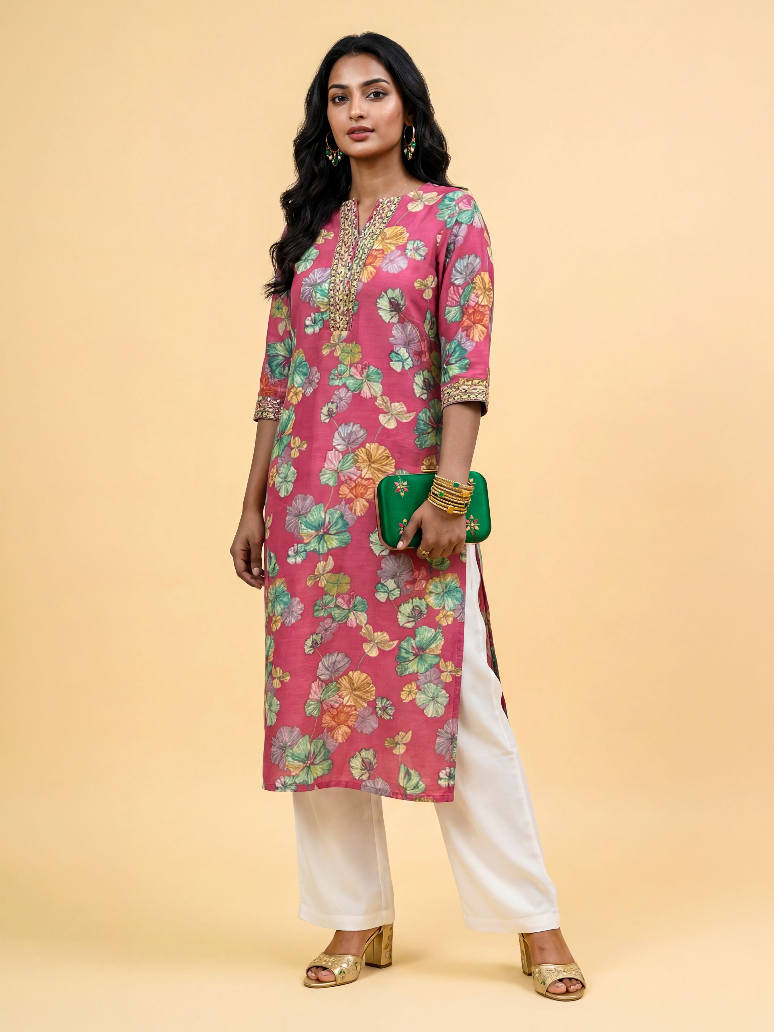 Pink Multi Viscose Blend Printed Slited Kurti With Embroidery Sequins Work