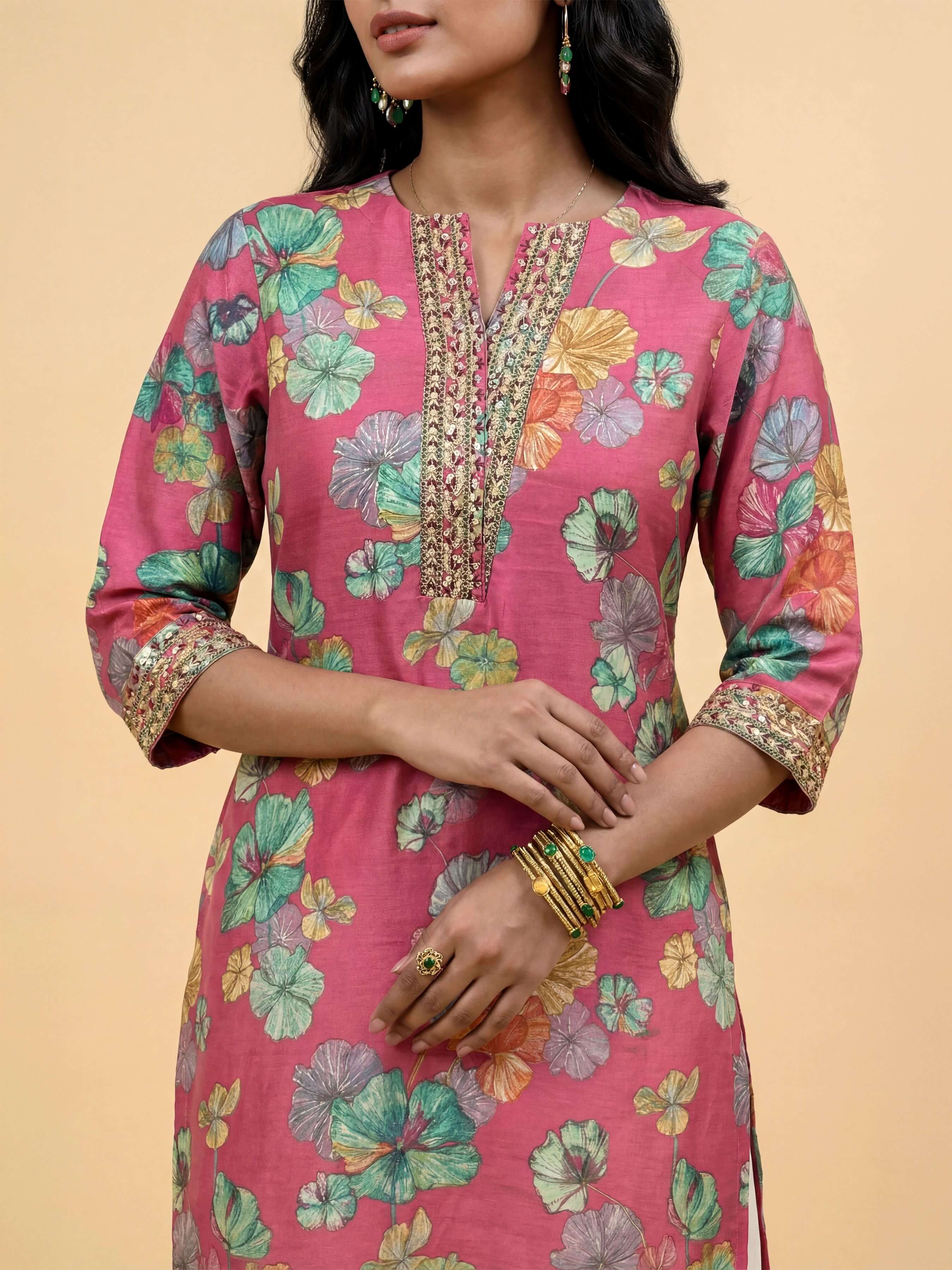Pink Multi Viscose Blend Printed Slited Kurti With Embroidery Sequins Work