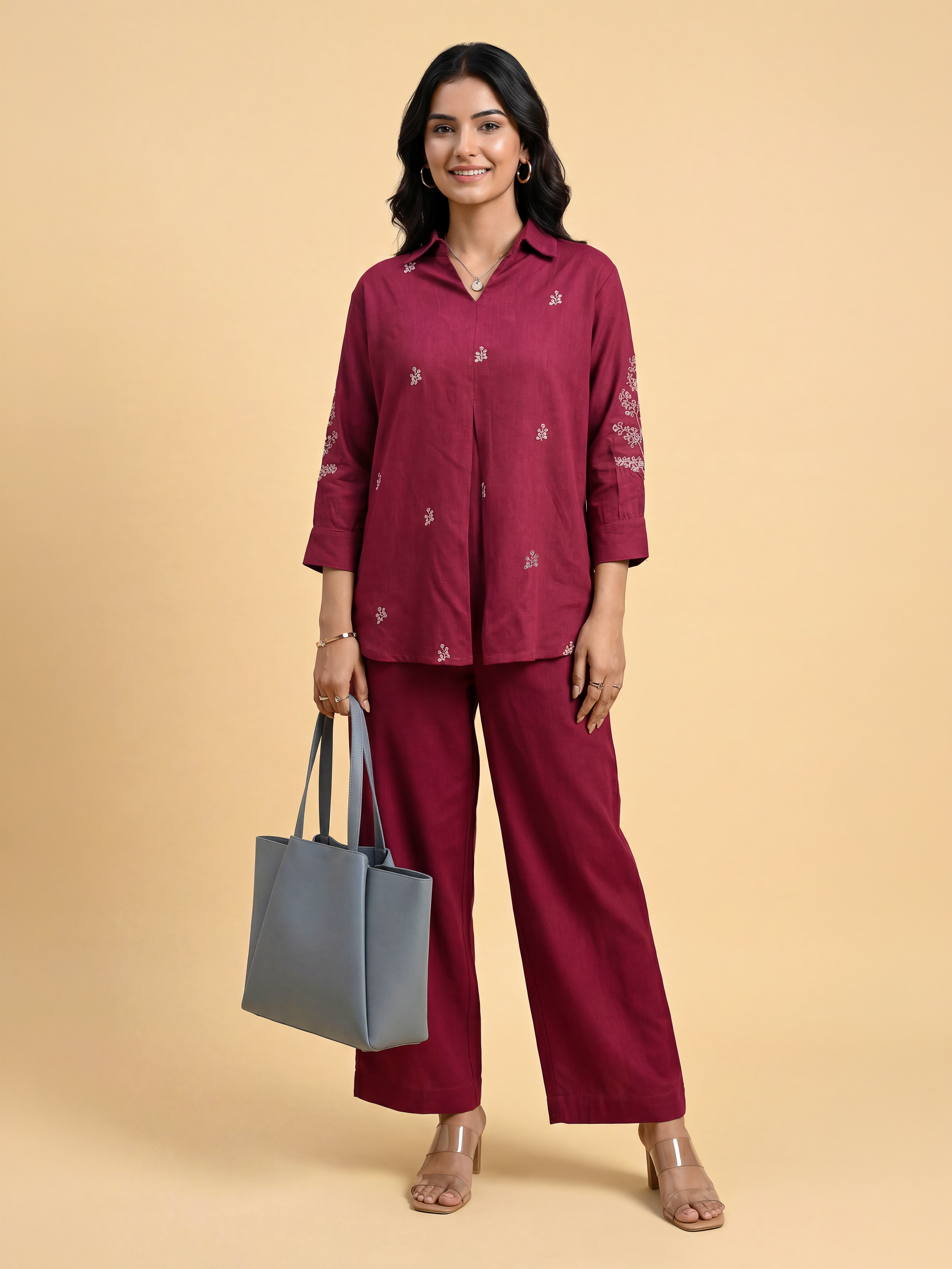 Maroon Viscose Linen Plain Tunic Set With Embroidery And Box Pleat