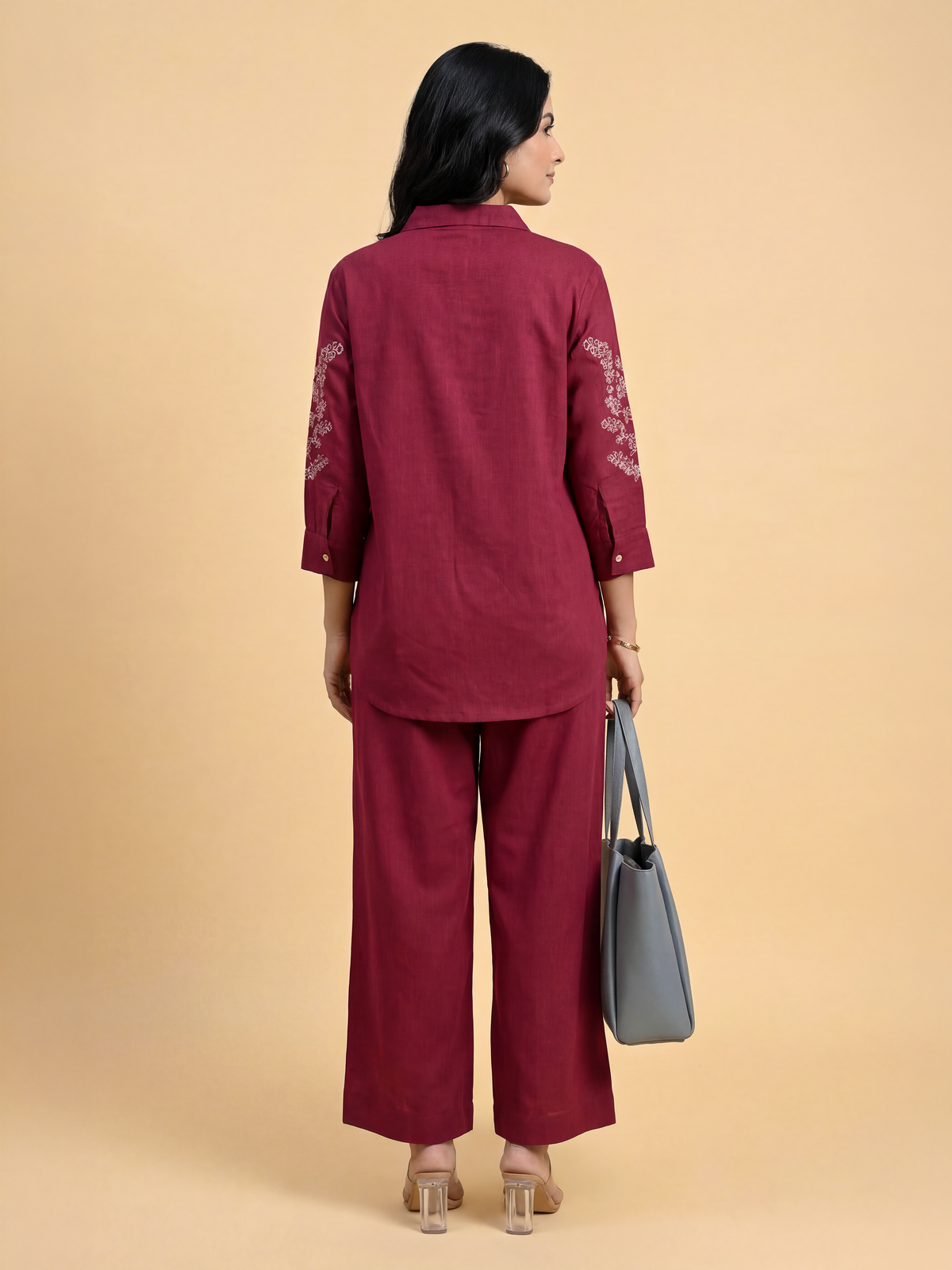 Maroon Viscose Linen Plain Tunic Set With Embroidery And Box Pleat