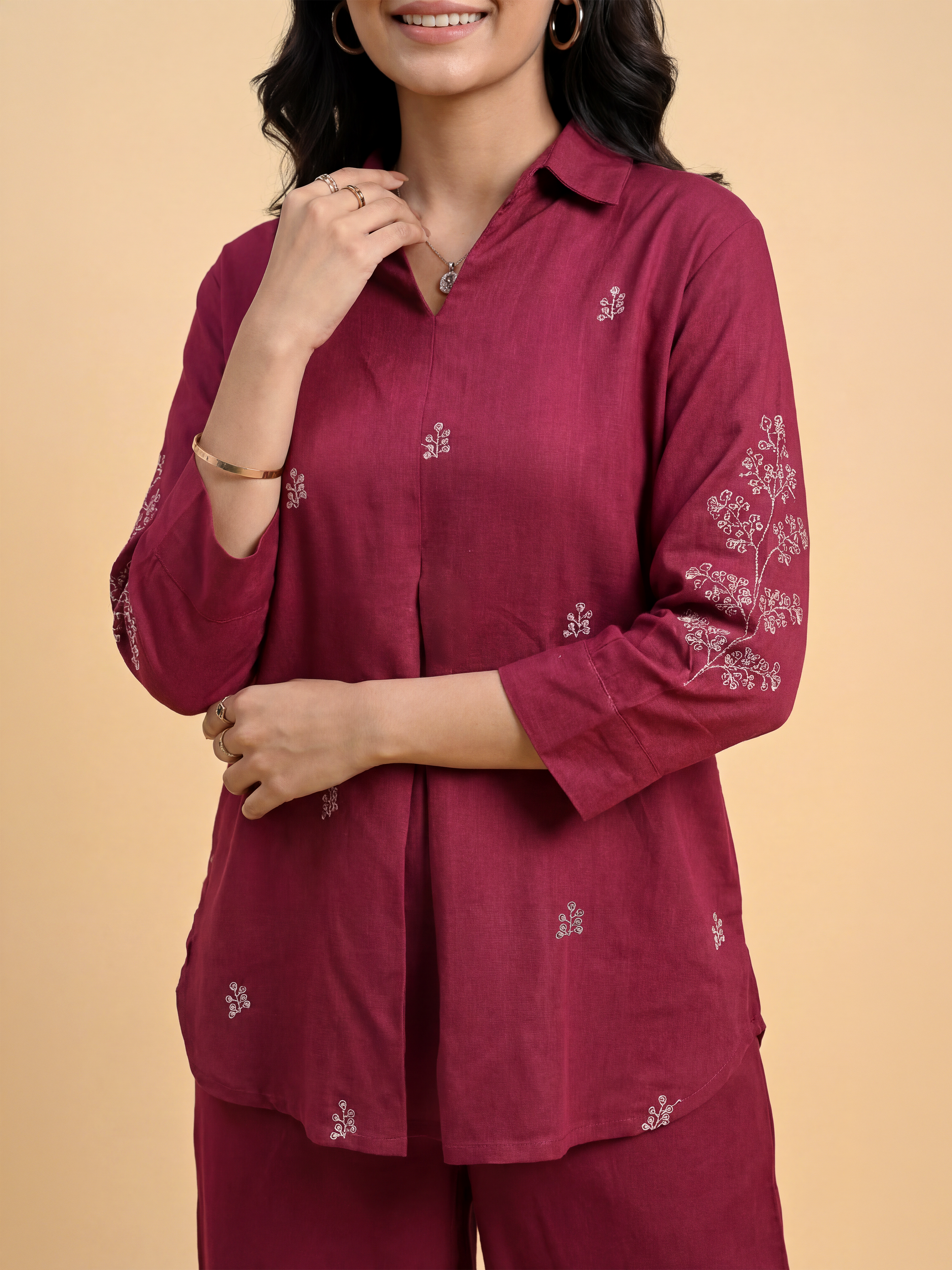Maroon Viscose Linen Plain Tunic Set With Embroidery And Box Pleat