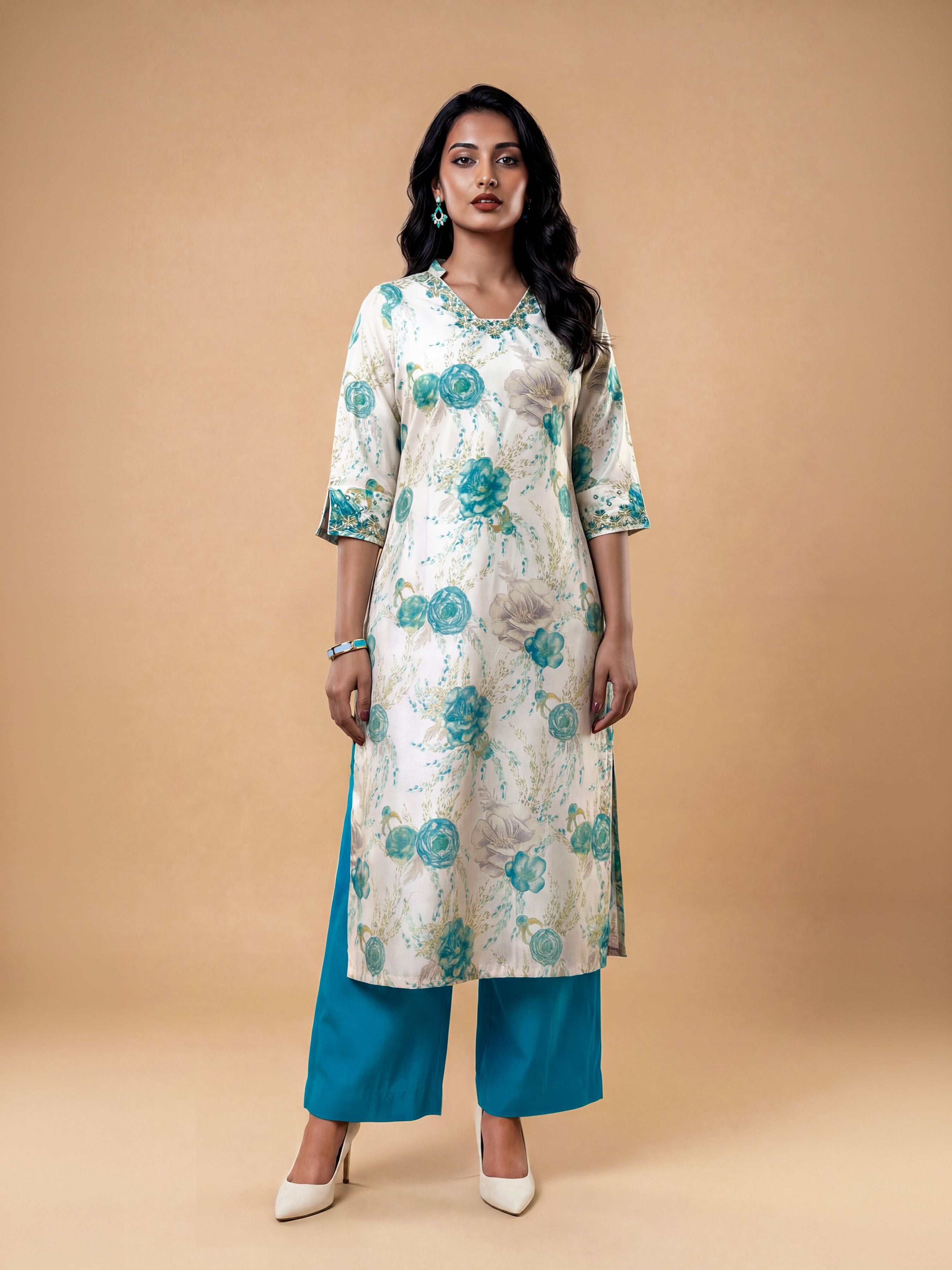 Ivory Multi Colour Viscose Blend Slitted Kurti Set With Embroidery Mirror Work