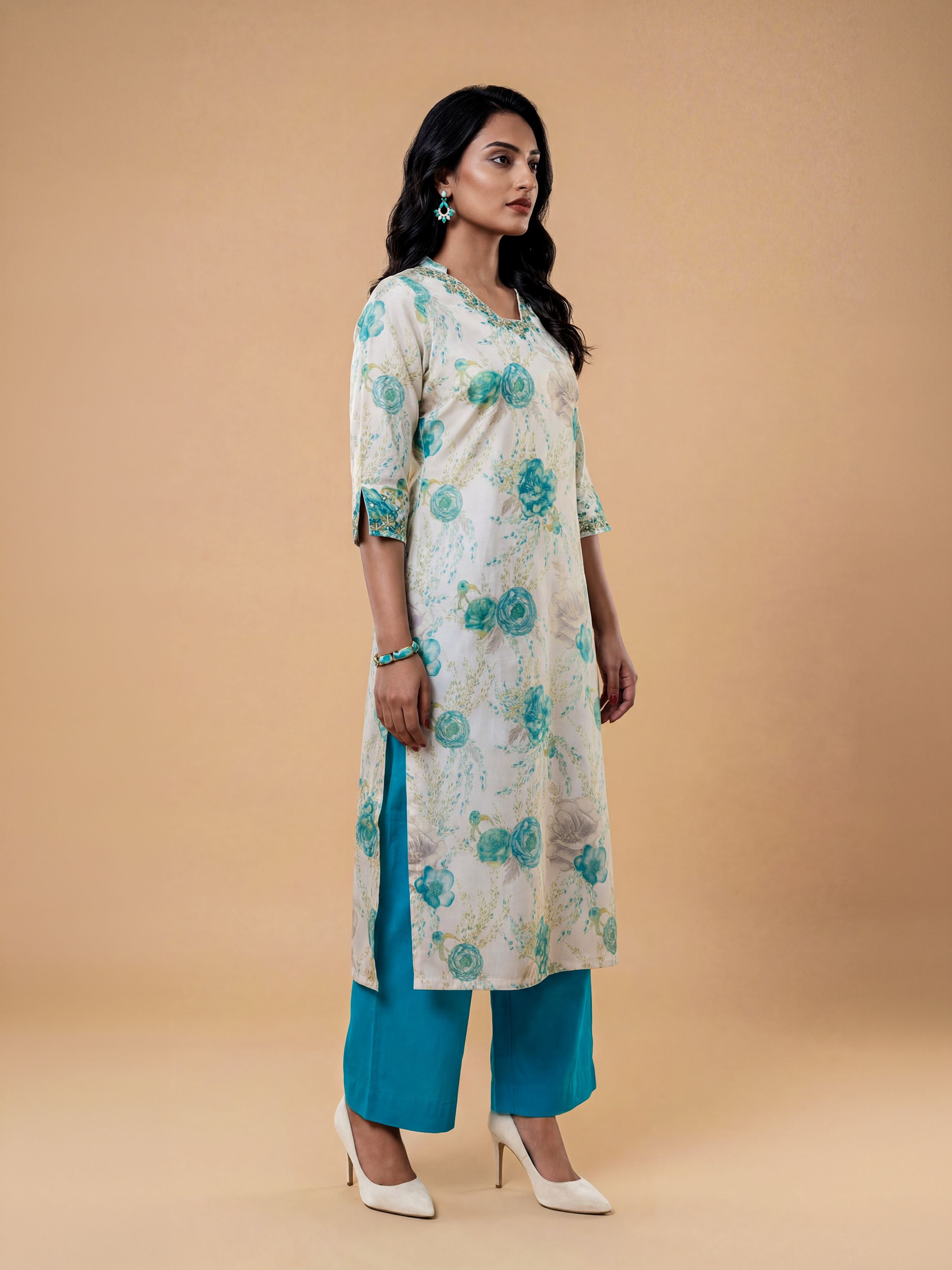 Ivory Multi Colour Viscose Blend Slitted Kurti Set With Embroidery Mirror Work