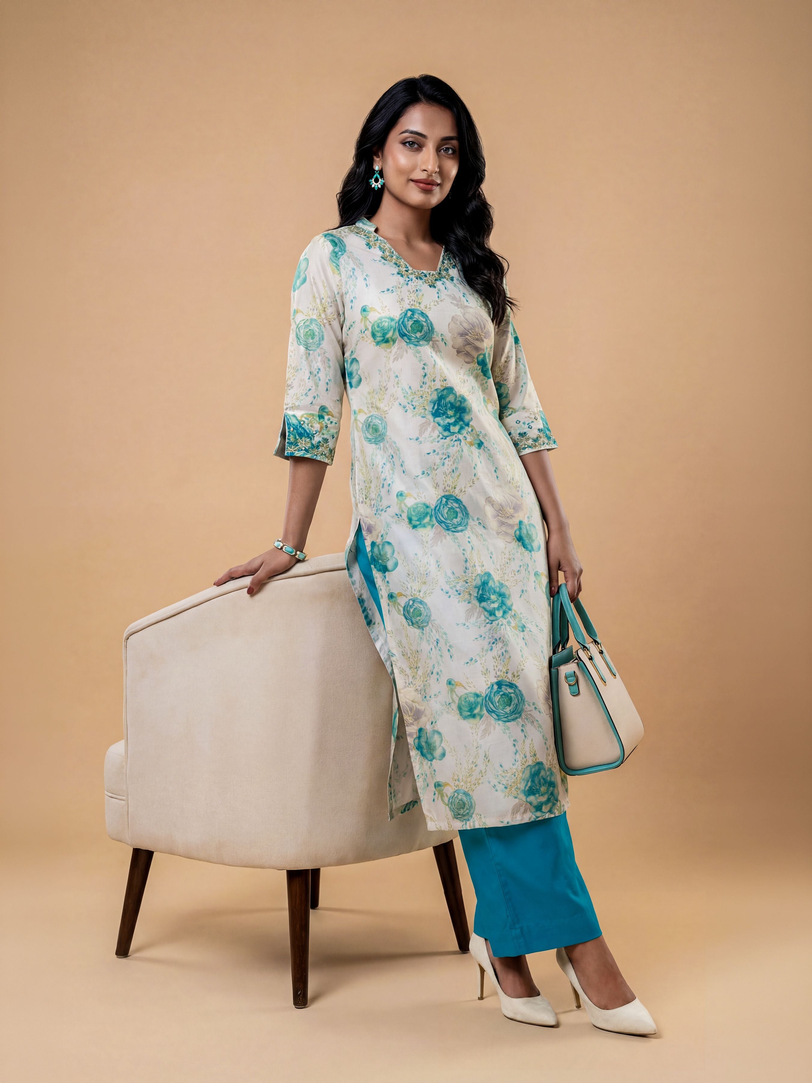 Ivory Multi Colour Viscose Blend Slitted Kurti Set With Embroidery Mirror Work