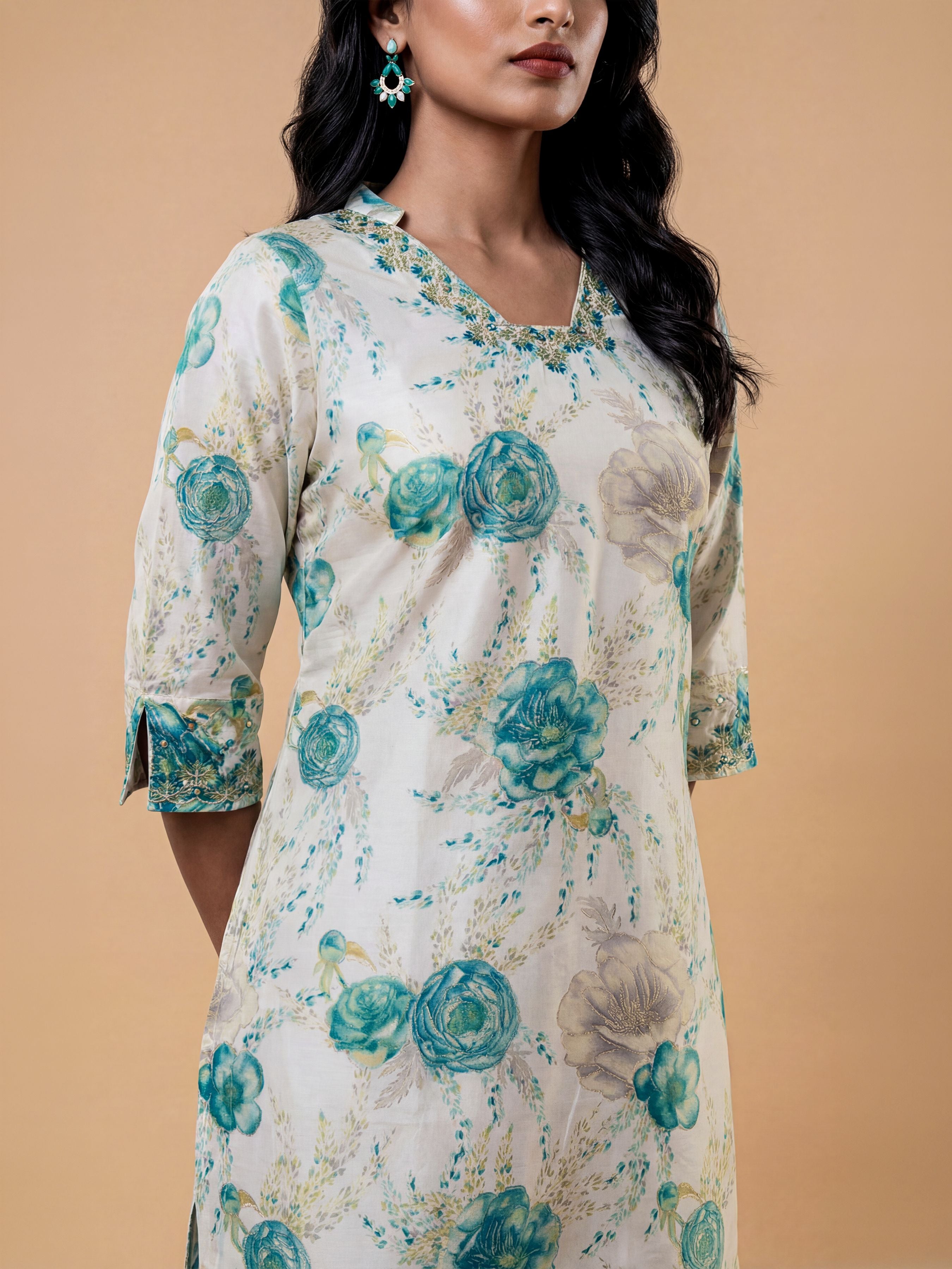 Ivory Multi Colour Viscose Blend Slitted Kurti Set With Embroidery Mirror Work