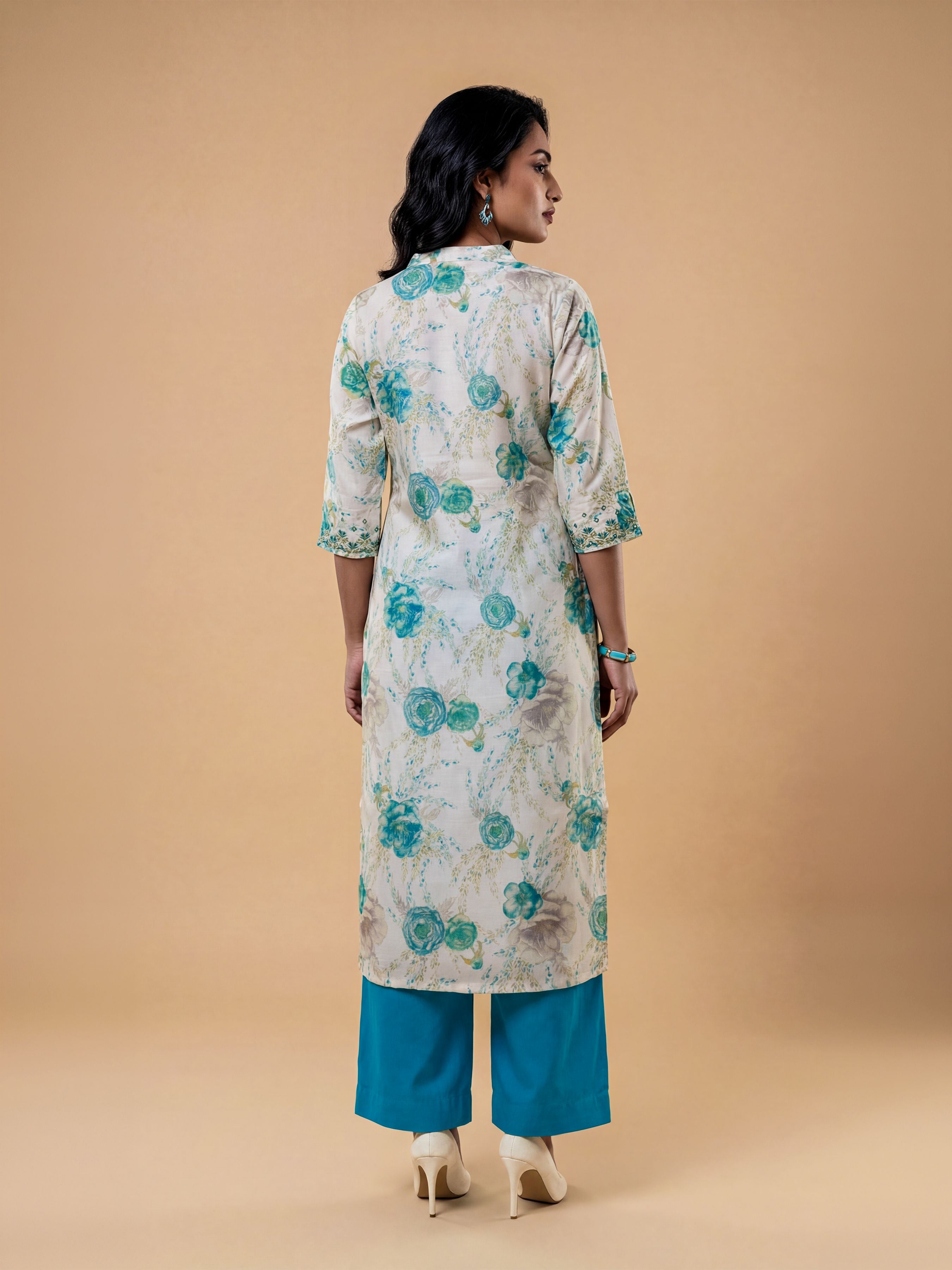 Ivory Multi Colour Viscose Blend Slitted Kurti Set With Embroidery Mirror Work