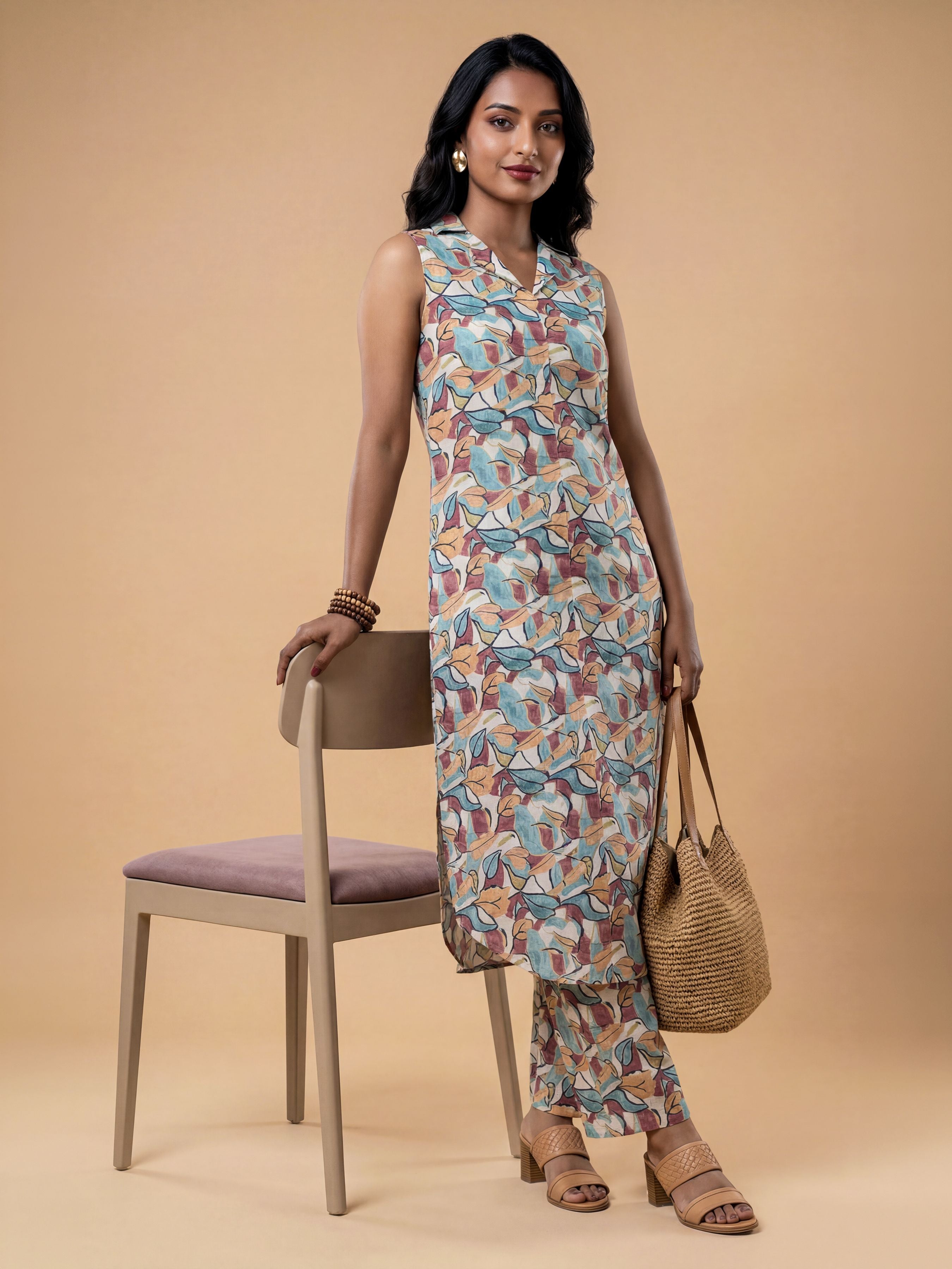 White Multi Colour Cotton Printed Kurti Set With Bottom