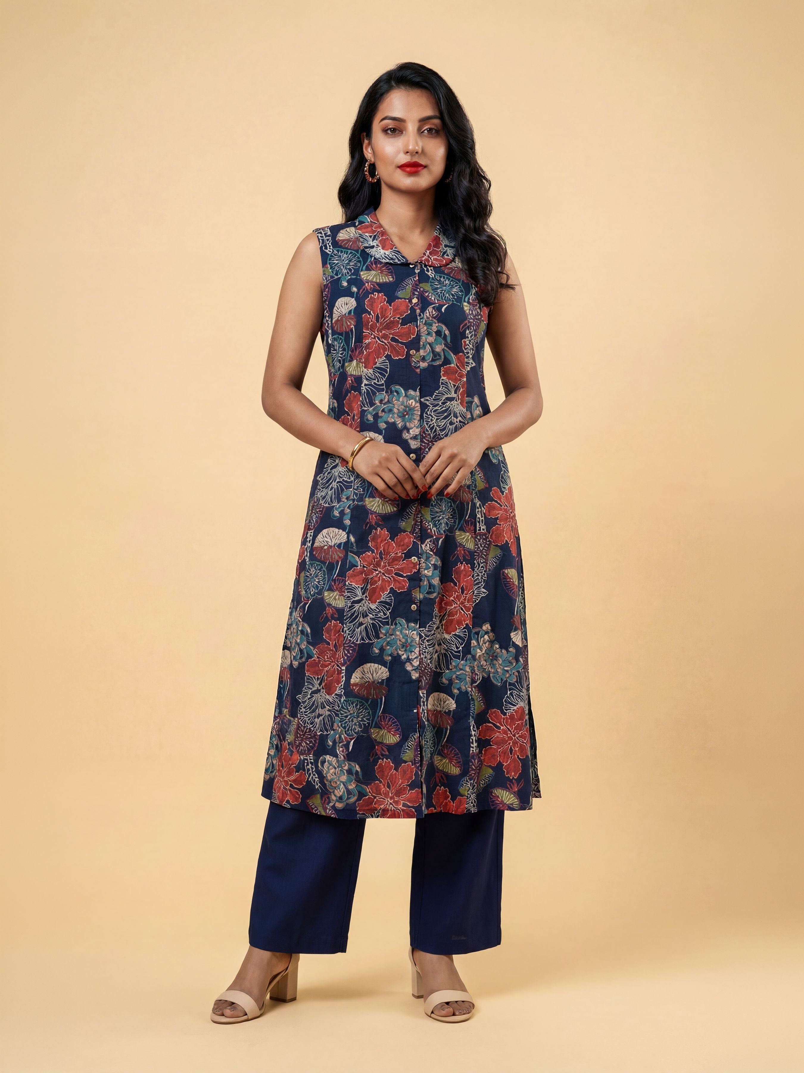 Teal Multi Colour Viscose Print Sleeveless Kurti With Smocking