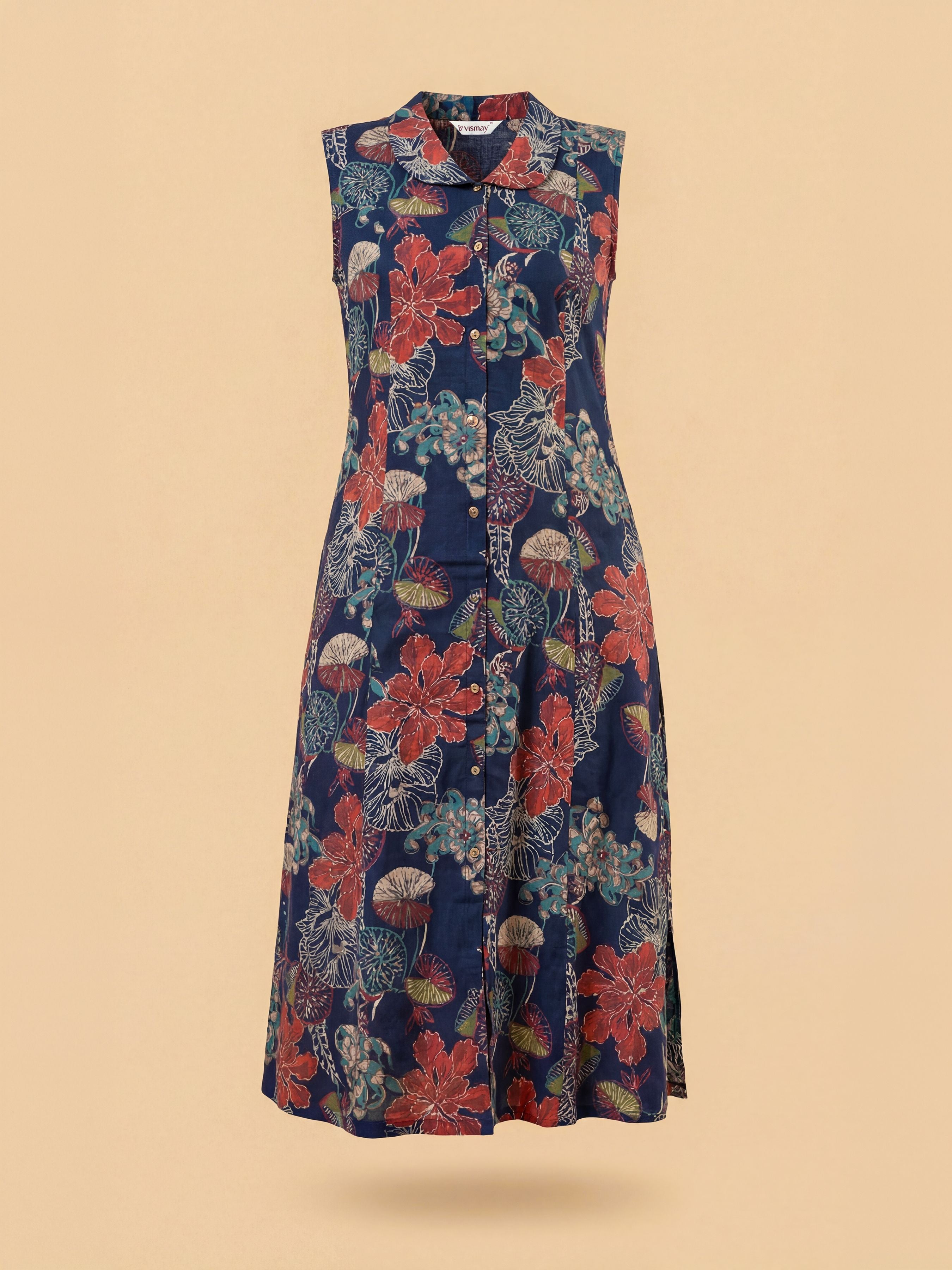 Teal Multi Colour Viscose Print Sleeveless Kurti With Smocking