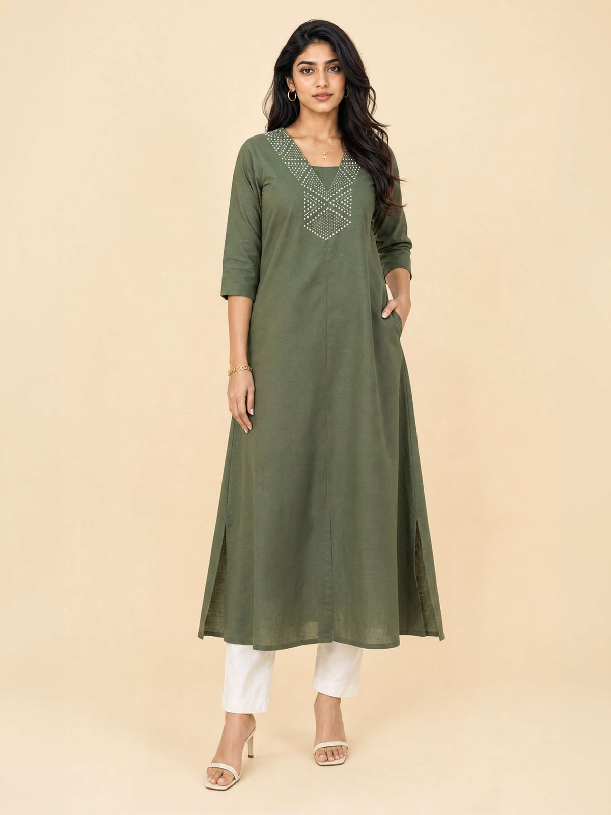 Olive Green Cotton Flared Centre Cut Kurti