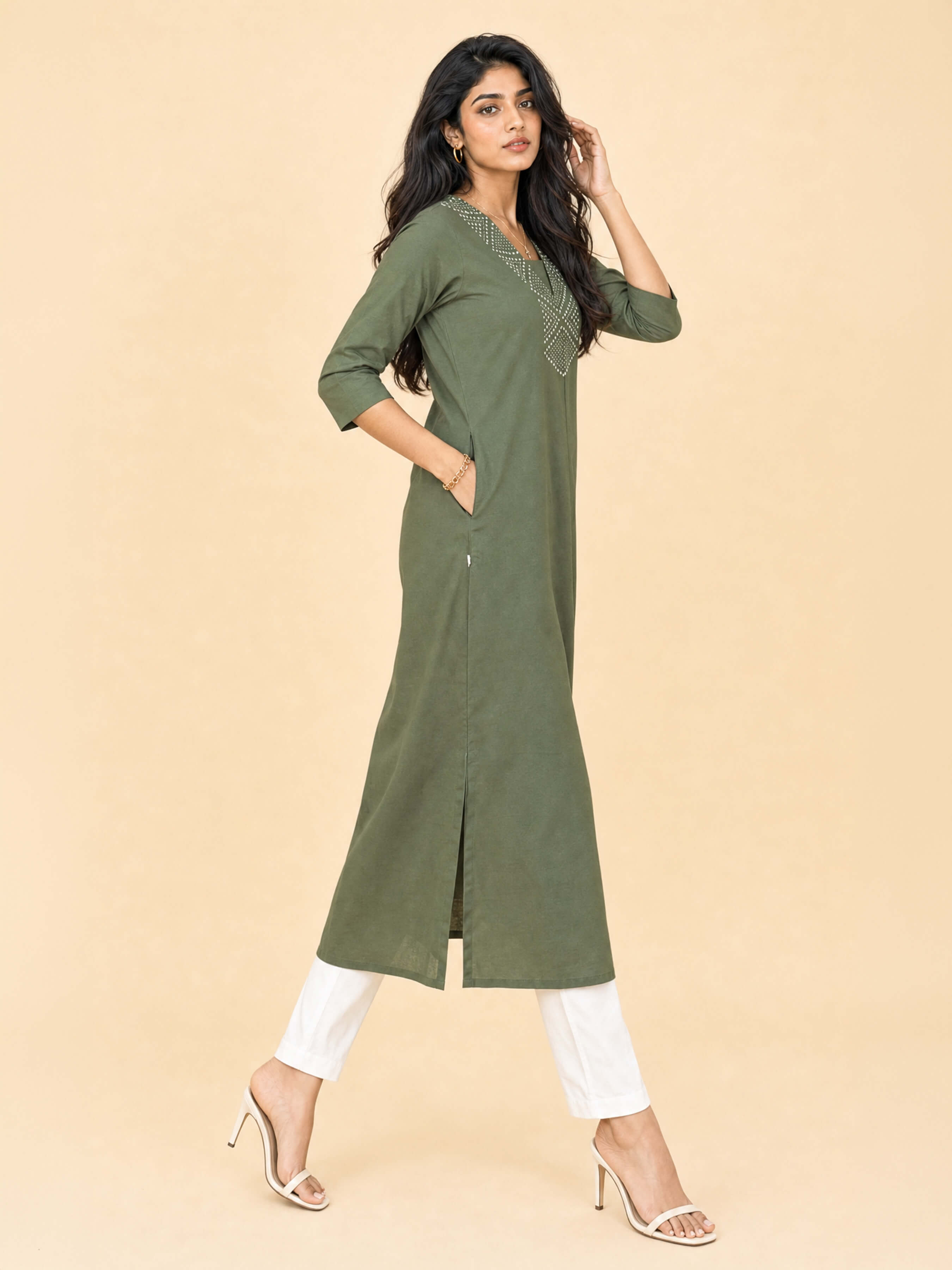 Olive Green Cotton Flared Centre Cut Kurti