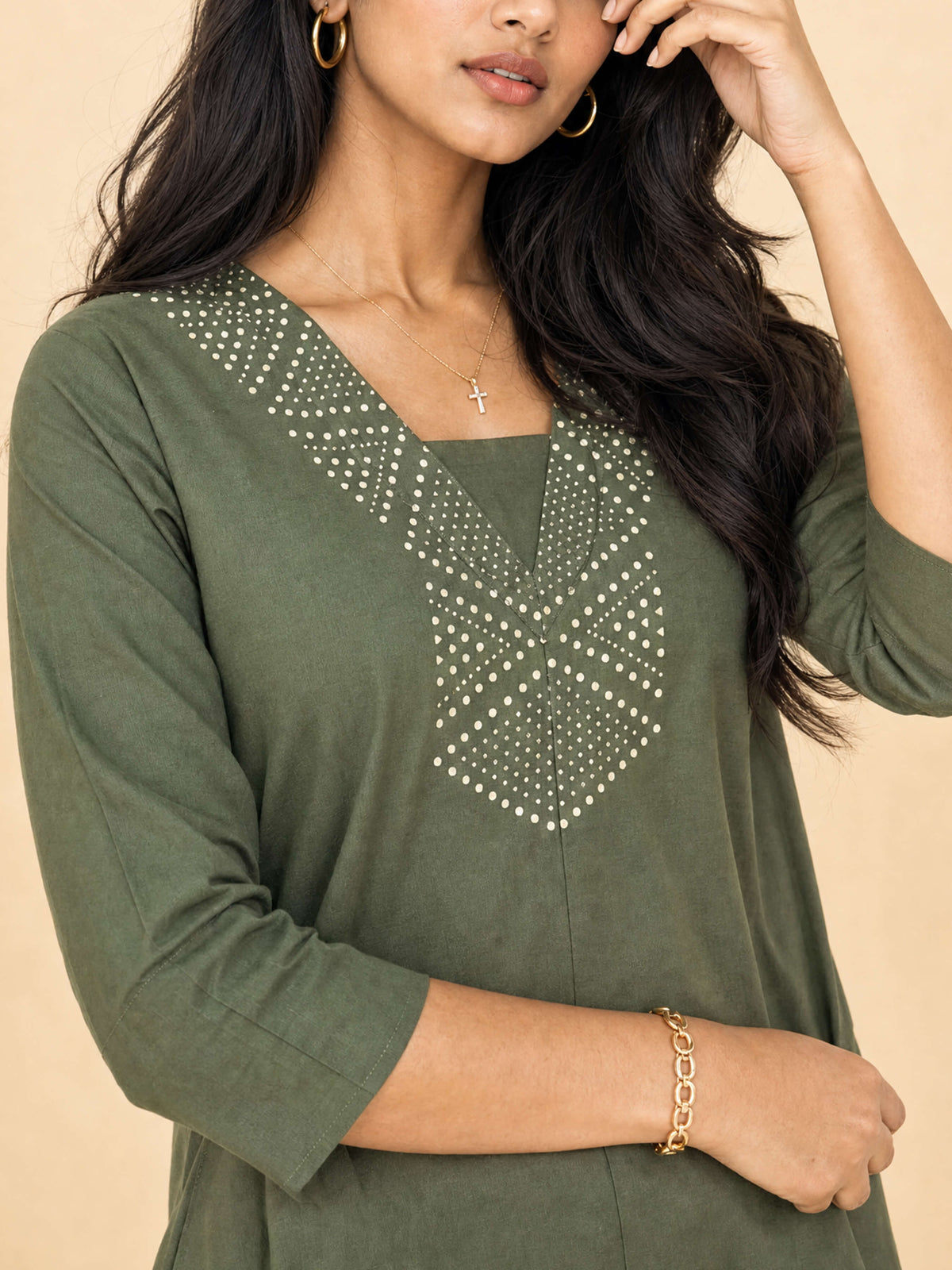 Olive Green Cotton Flared Centre Cut Kurti