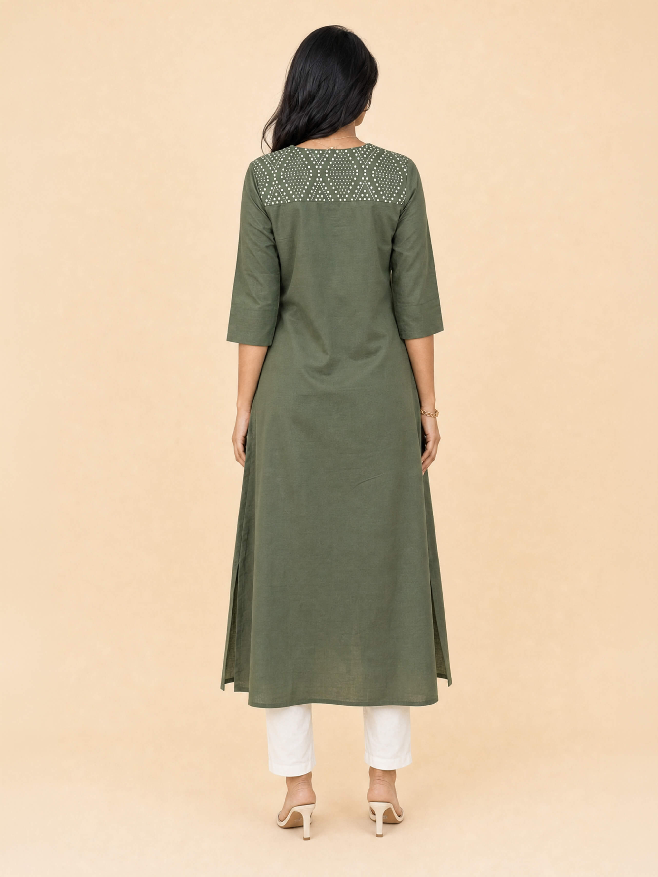 Olive Green Cotton Flared Centre Cut Kurti