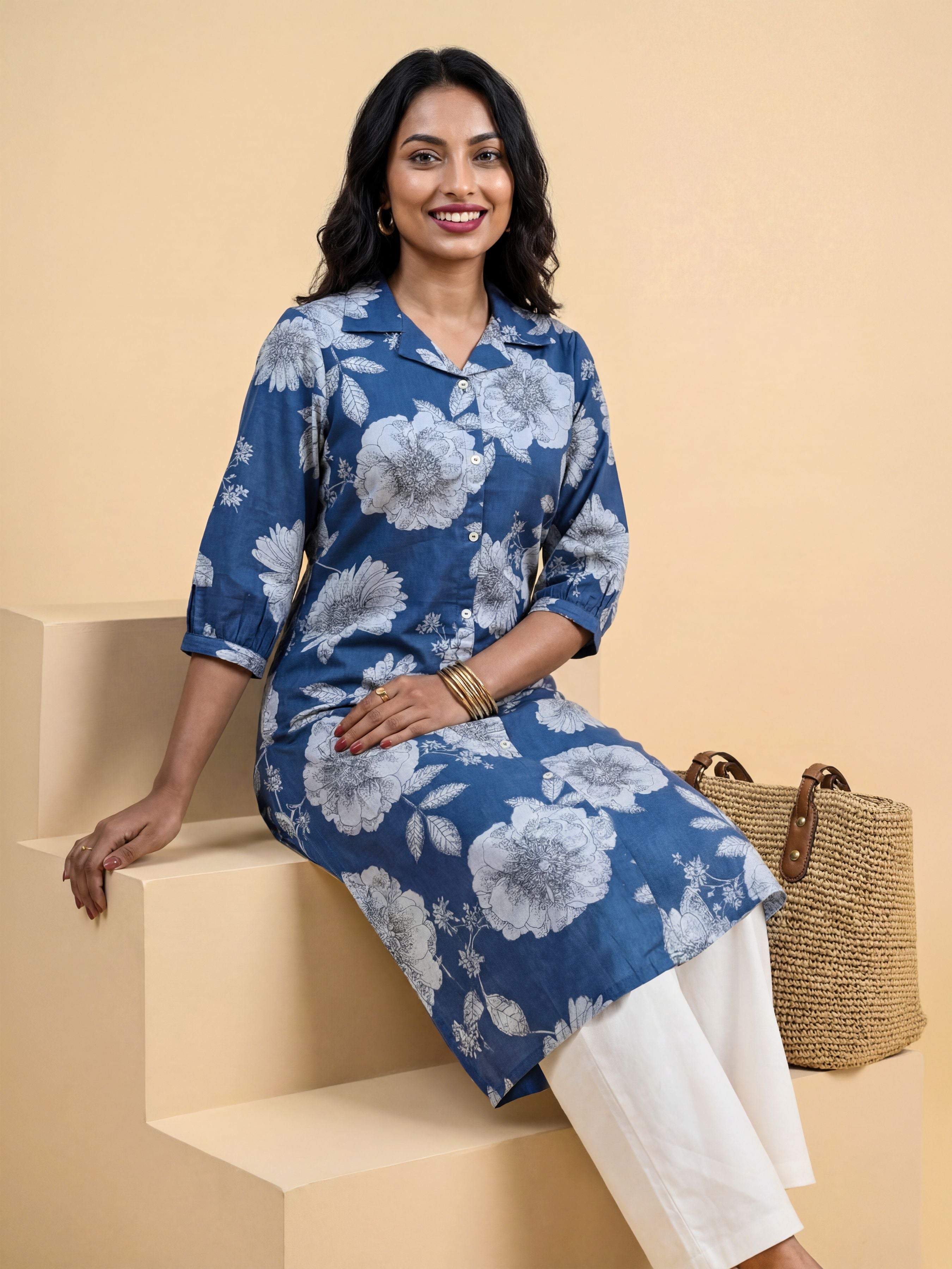 Denim Blue Cotton Flax Printed Kurti With Box Pleat Running Stitch Embroidery