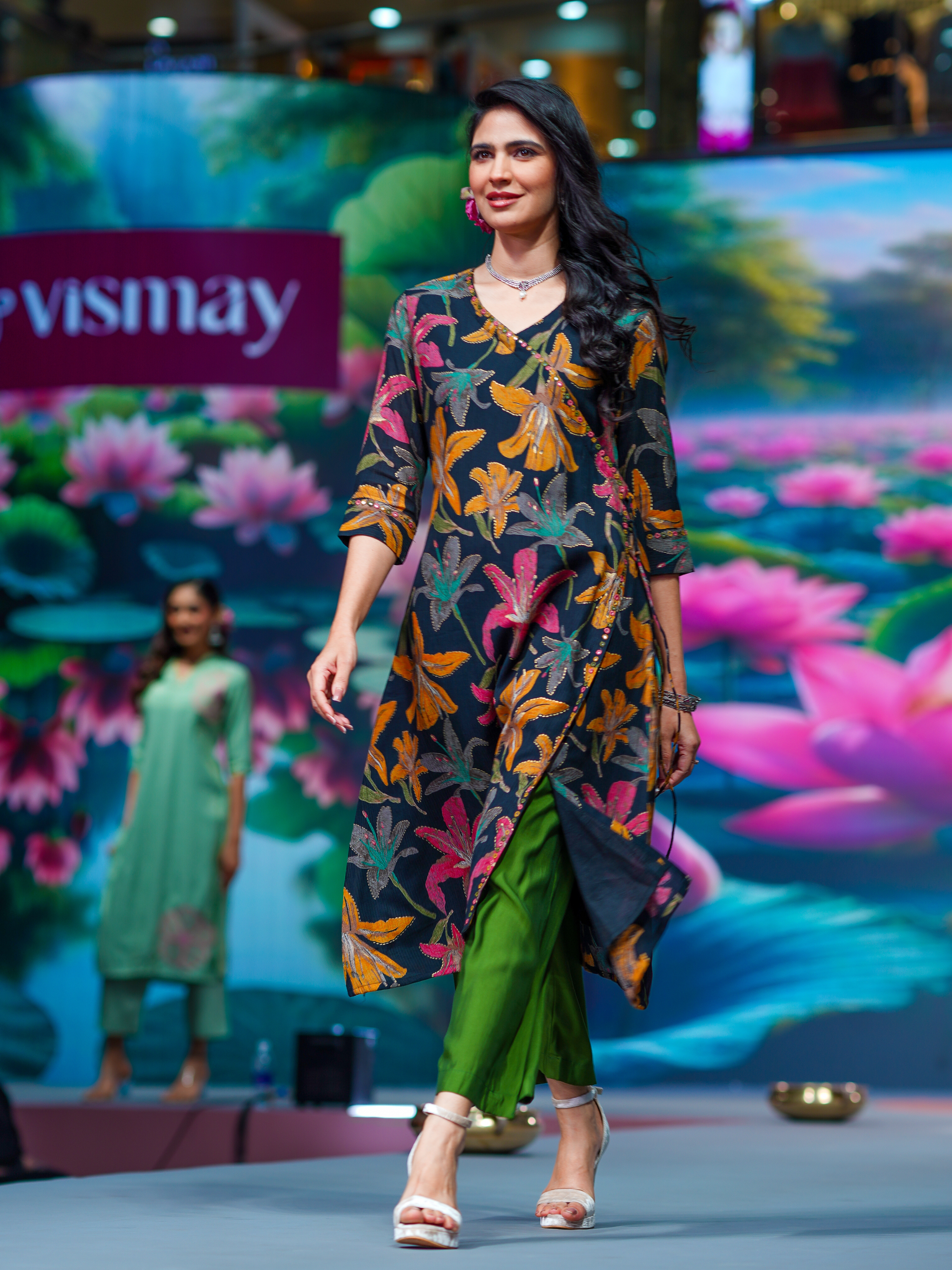 Black Viscose Blend Multi Colour Printed Flared Kurti With Mirror Work