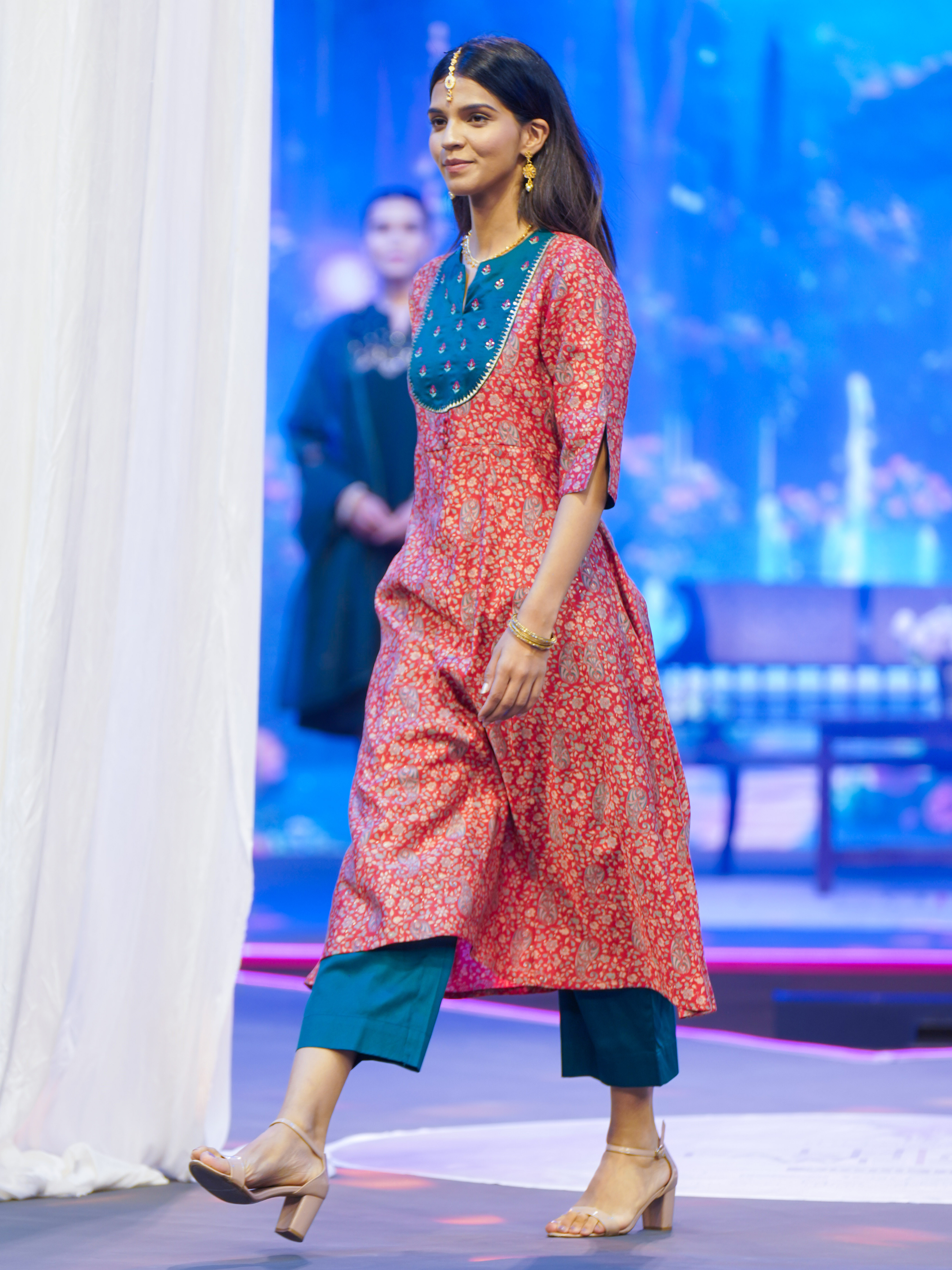 Red Modal Chanderi Kali Cut Kurti Set With Embroidery Sequins Work