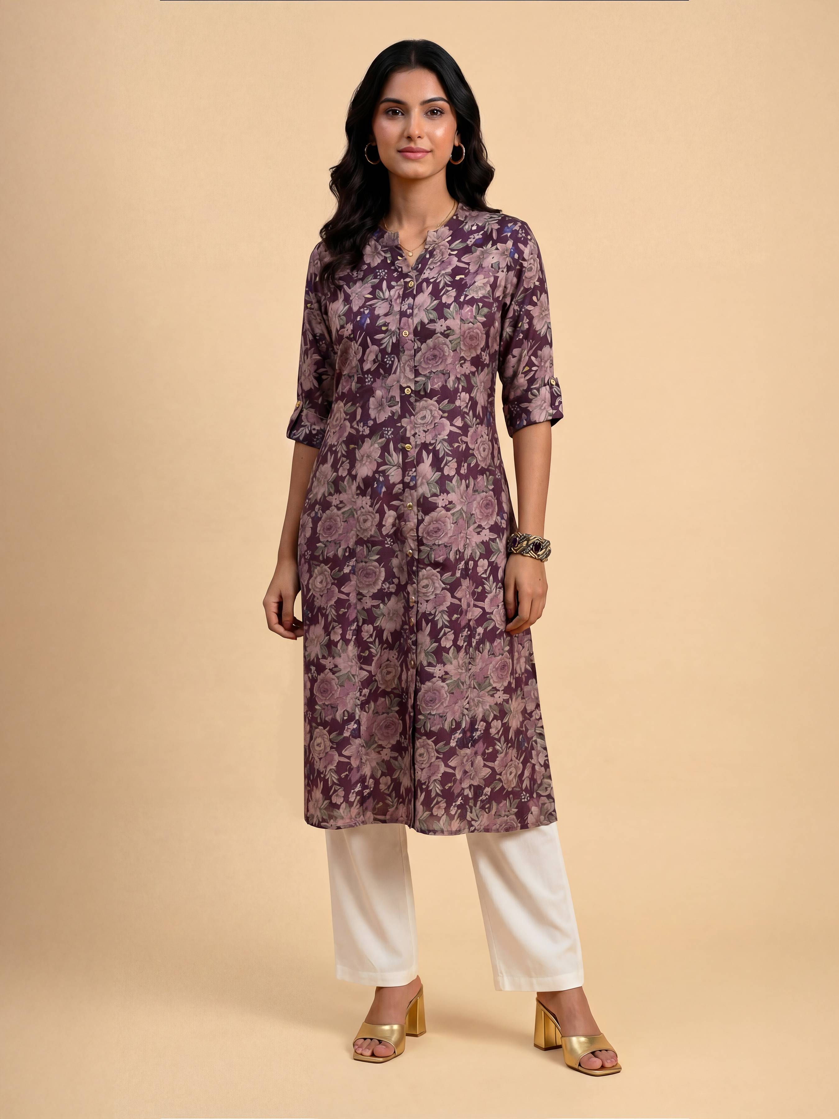 Wine Red Viscose Blend Printed Flared Kurti With Princess Cut
