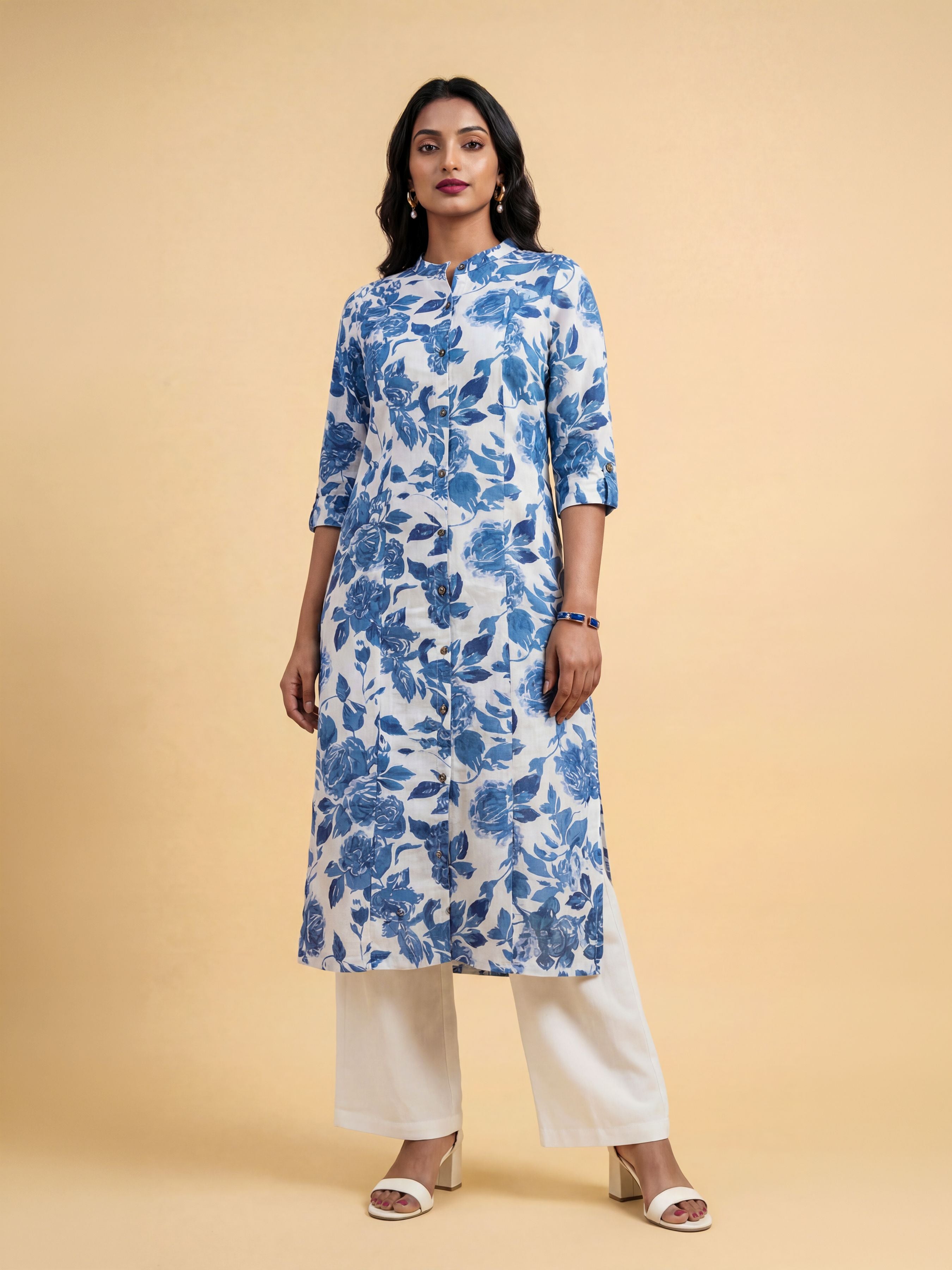 White Blue Colour Cotton Flax Printed Slit Kurti With Placket