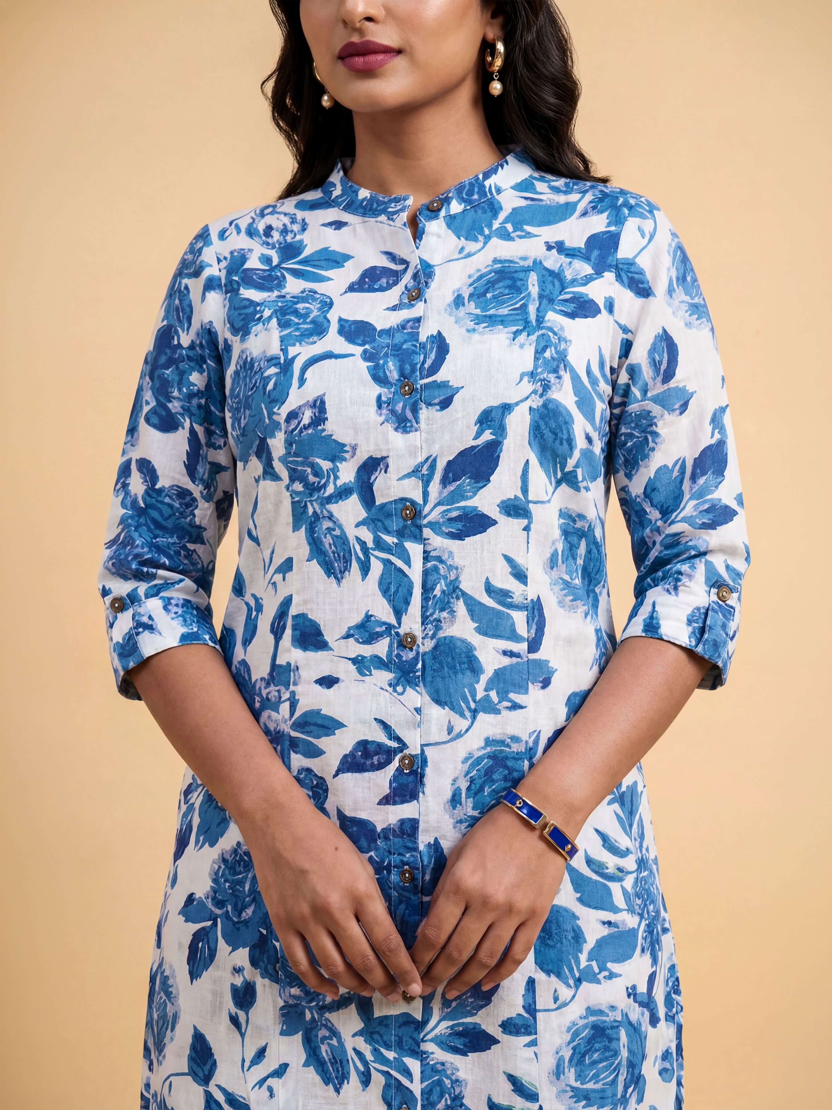 White Blue Colour Cotton Flax Printed Slit Kurti With Placket