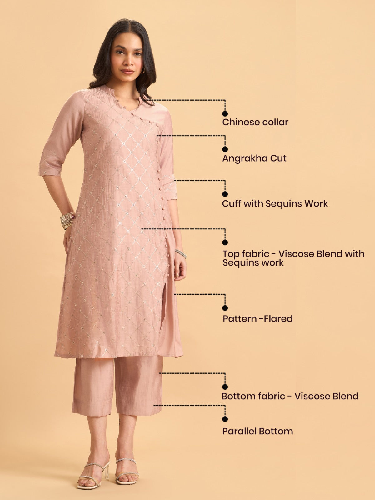 Onion Pink Viscose Plain Kurti Set With Hand Work Embroidery