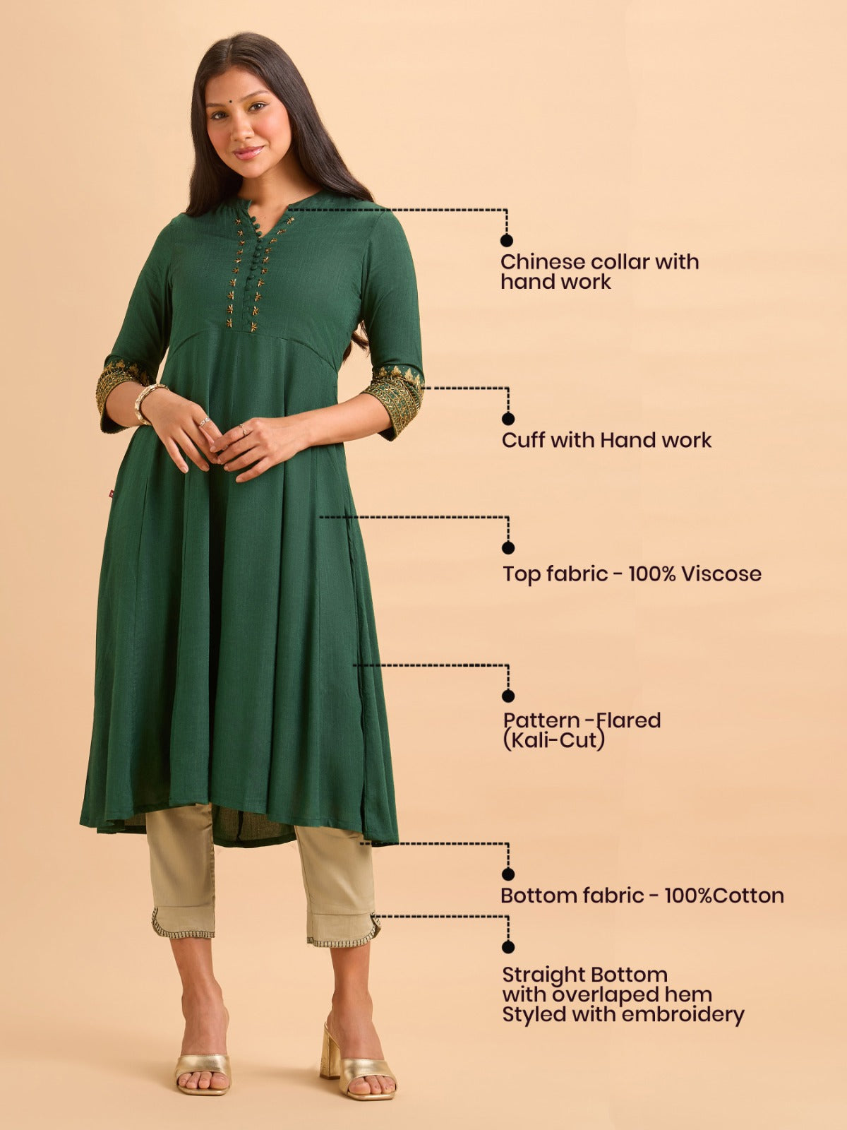 Bottle Green Viscose Kurti And Bottom With Hand Work