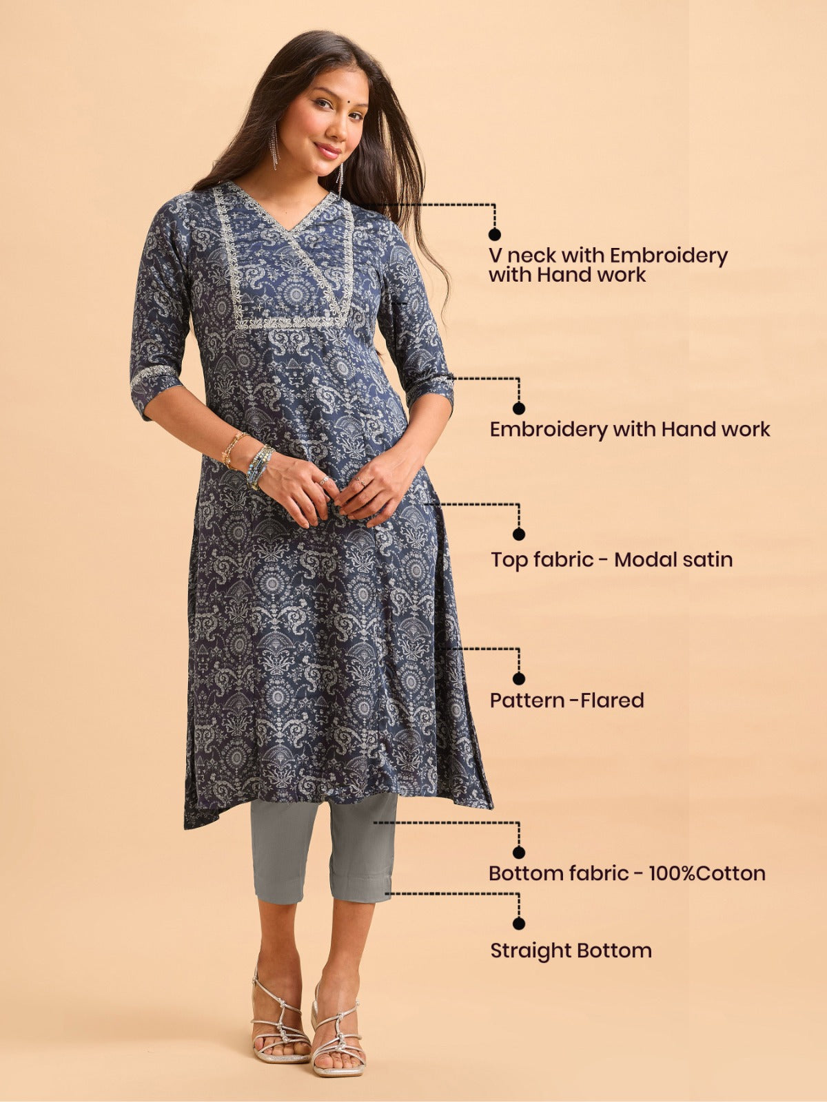 Navy Blue Modal Satin Printed Kurti Set With Embroidery