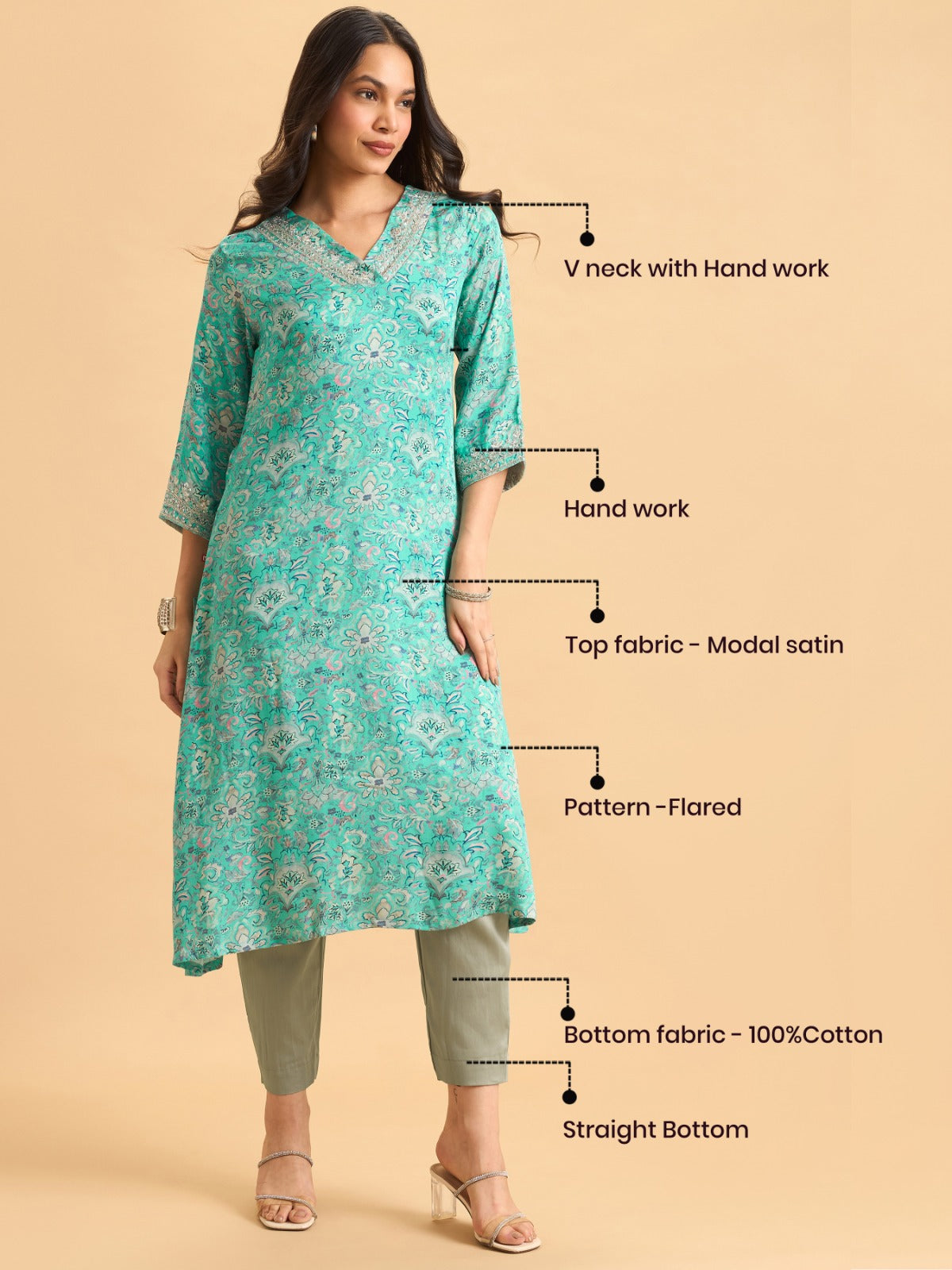 Aqua Blue Modal Satin Printed Kurti Set With Hand Work