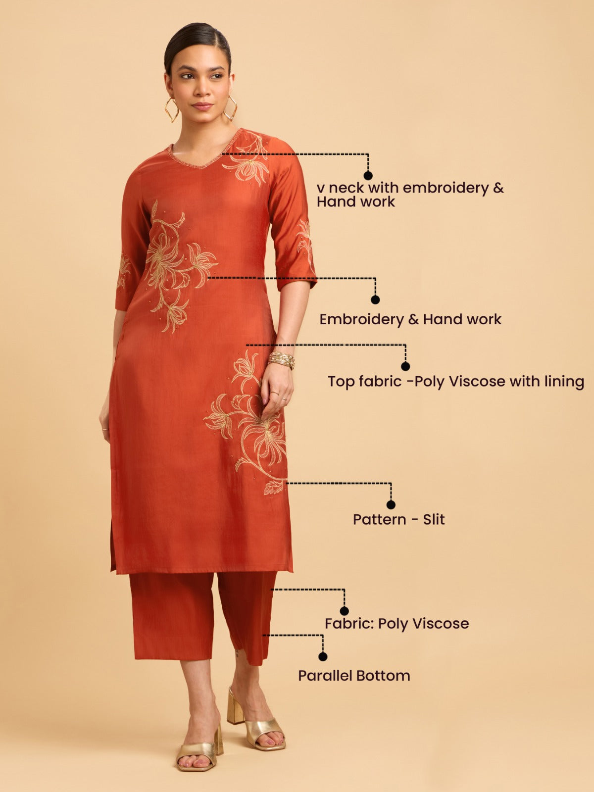 Brick Red Poly Viscose Plain Slited Kurti Set With Embroidery And Sequins Work