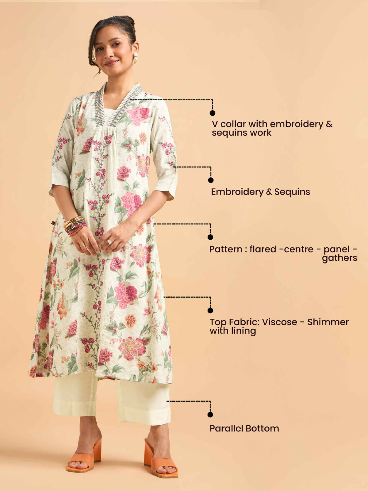 Ivory Multi Colour Poly Viscose Shimmer Print Kurti Set With Embroidery And Sequins Work