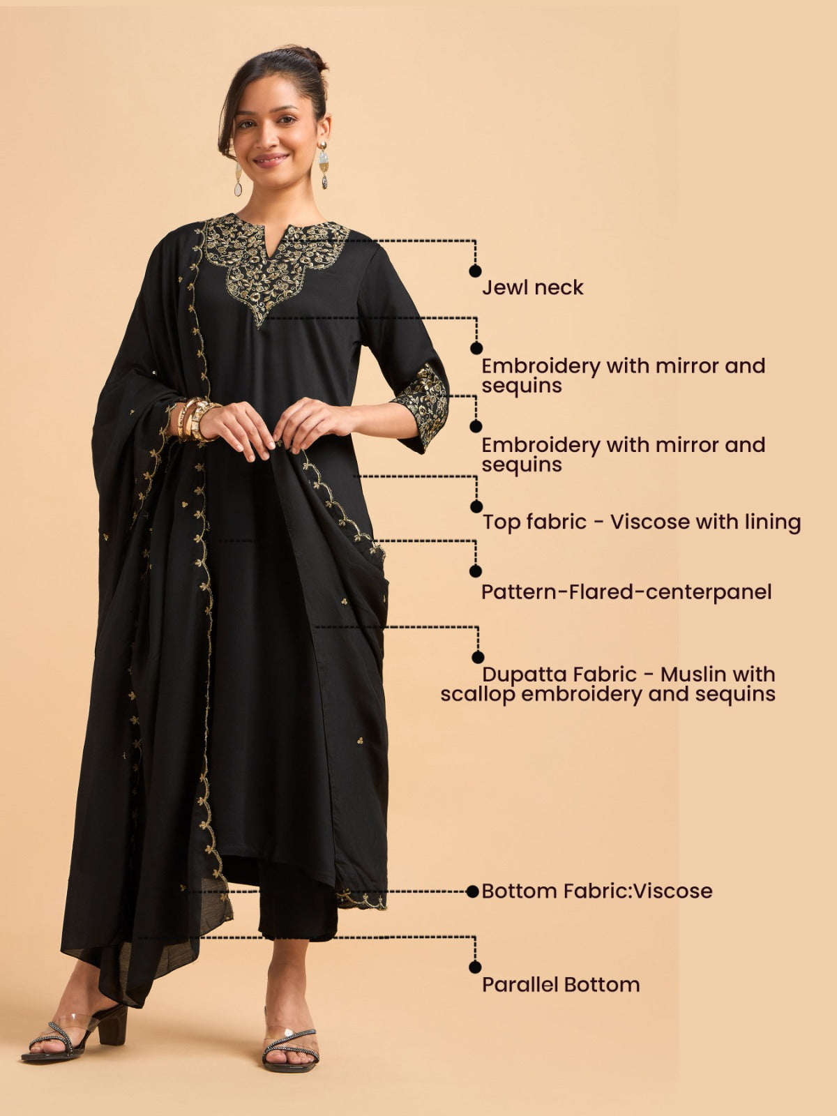 Black Viscose Satin Plain Kurti Set With Sequins Embroidery And Embroidered Dupatta