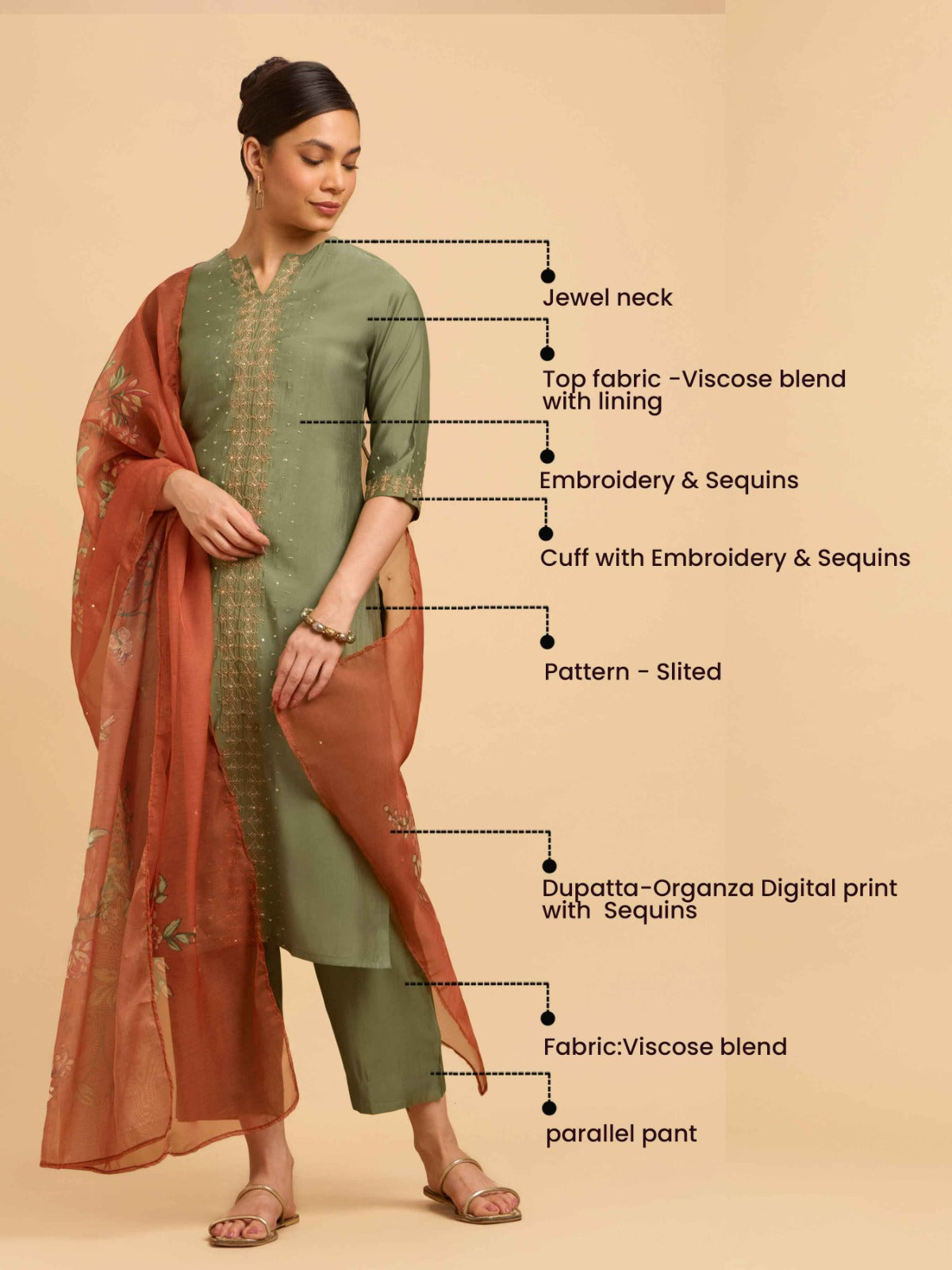 Green Plain Slitted Kurti Set With Embroidery Sequins Work.Styled With Printed Dupatta