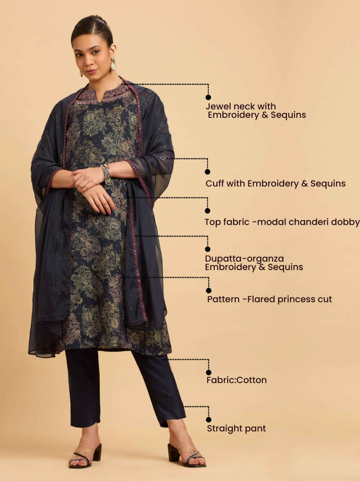 Navy Blue Multi Colour Modal Chanderi Dobby Print Kurti Set With Sequins Embroidery And Sequins Embroidery Dupatta