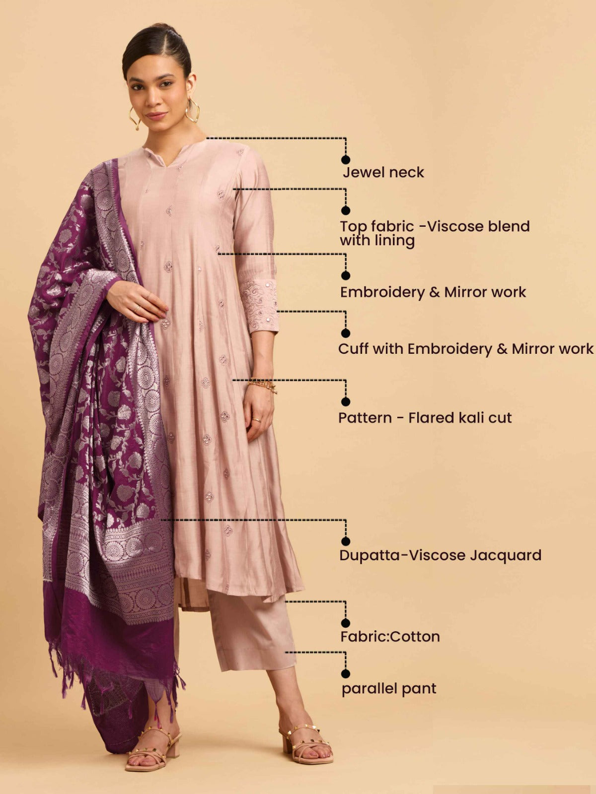 Beige Viscose Blend Kurti Set With Dupatta With Embroidery