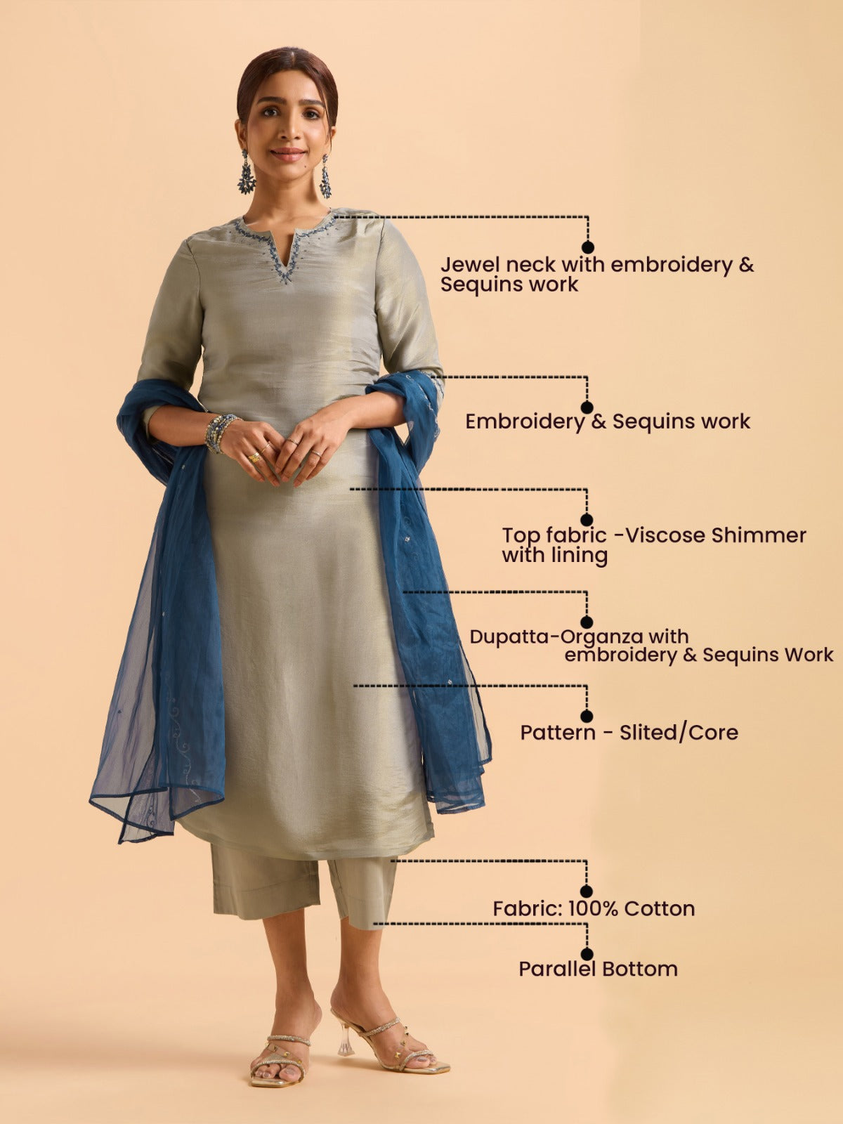 Light Grey Viscose Shimmer Plain Slitted Kurti Set With Embroidery And Sequins Work