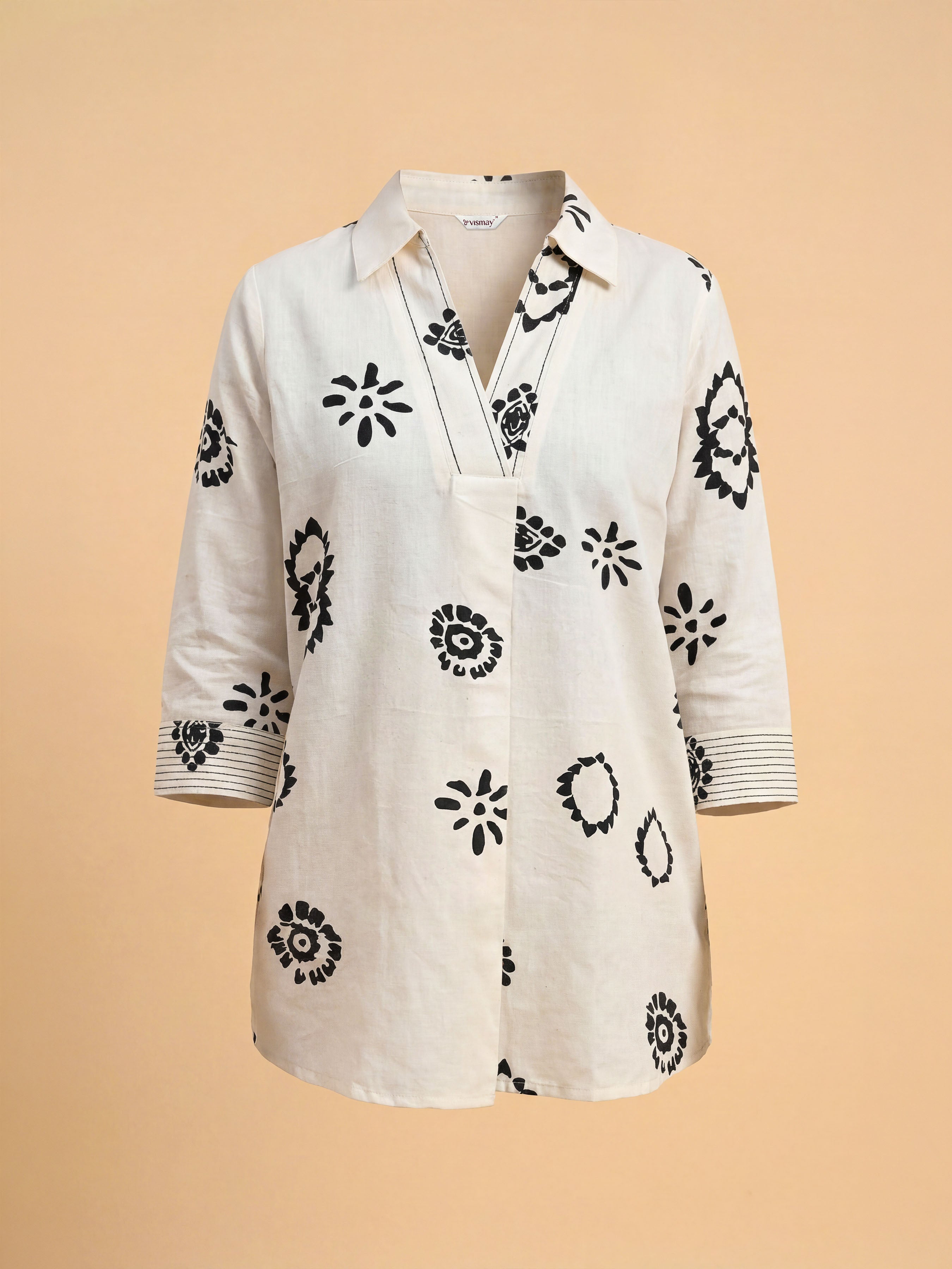 Ivory Black Cotton Flax Printed Tunic Set With Knife Pleat And Embroidery