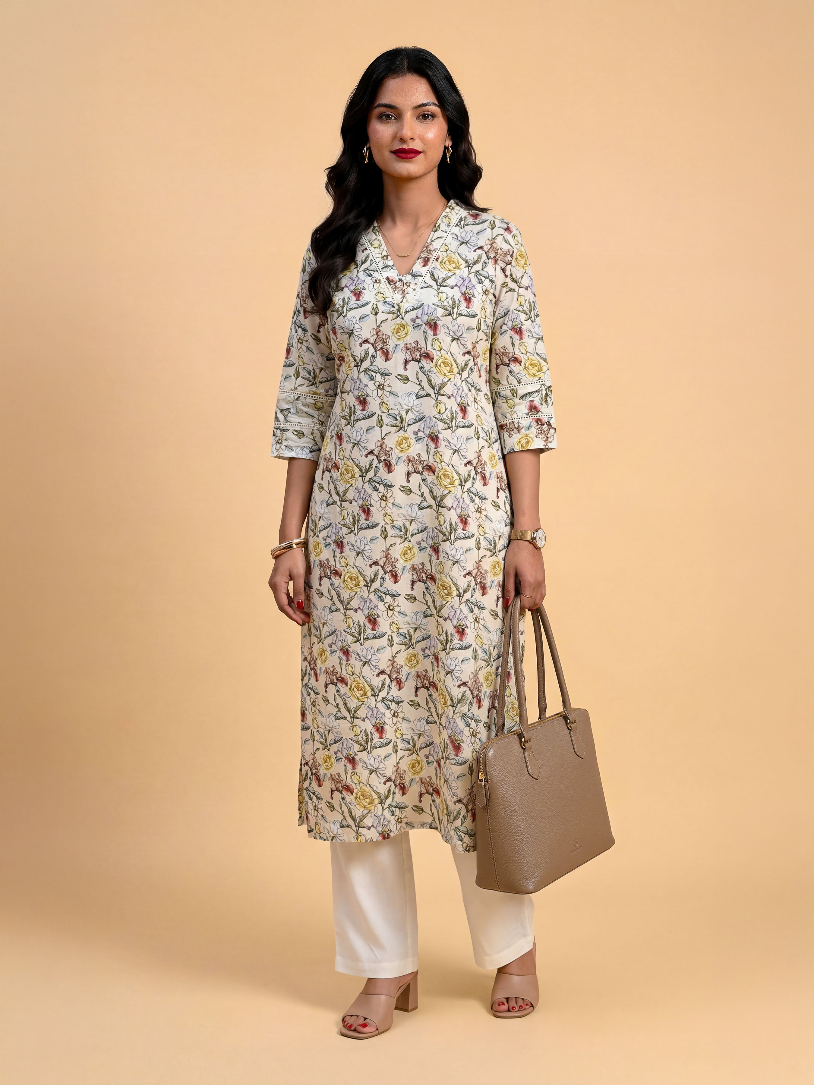 White Multicolour Pure Cotton Printed Slited Kurti With Lace