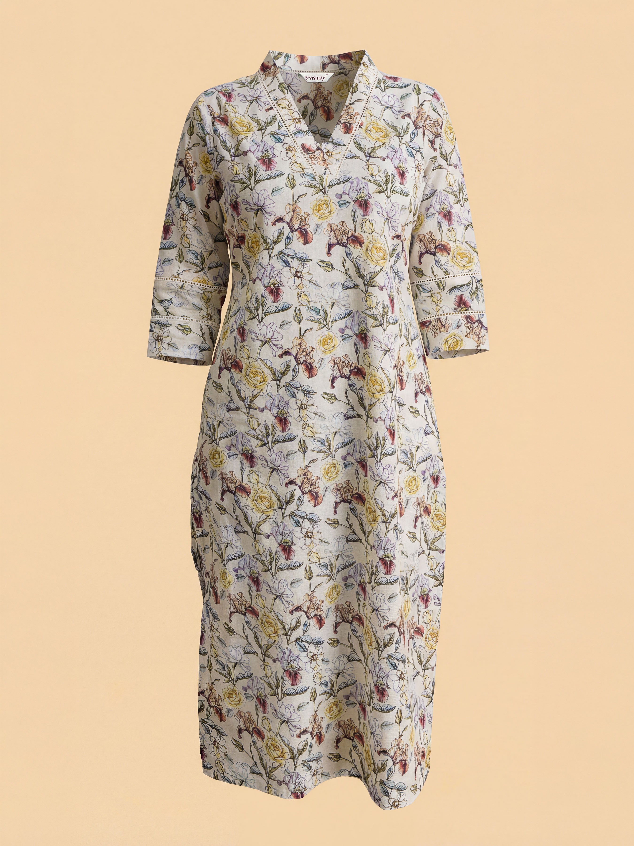 White Multicolour Pure Cotton Printed Slited Kurti With Lace