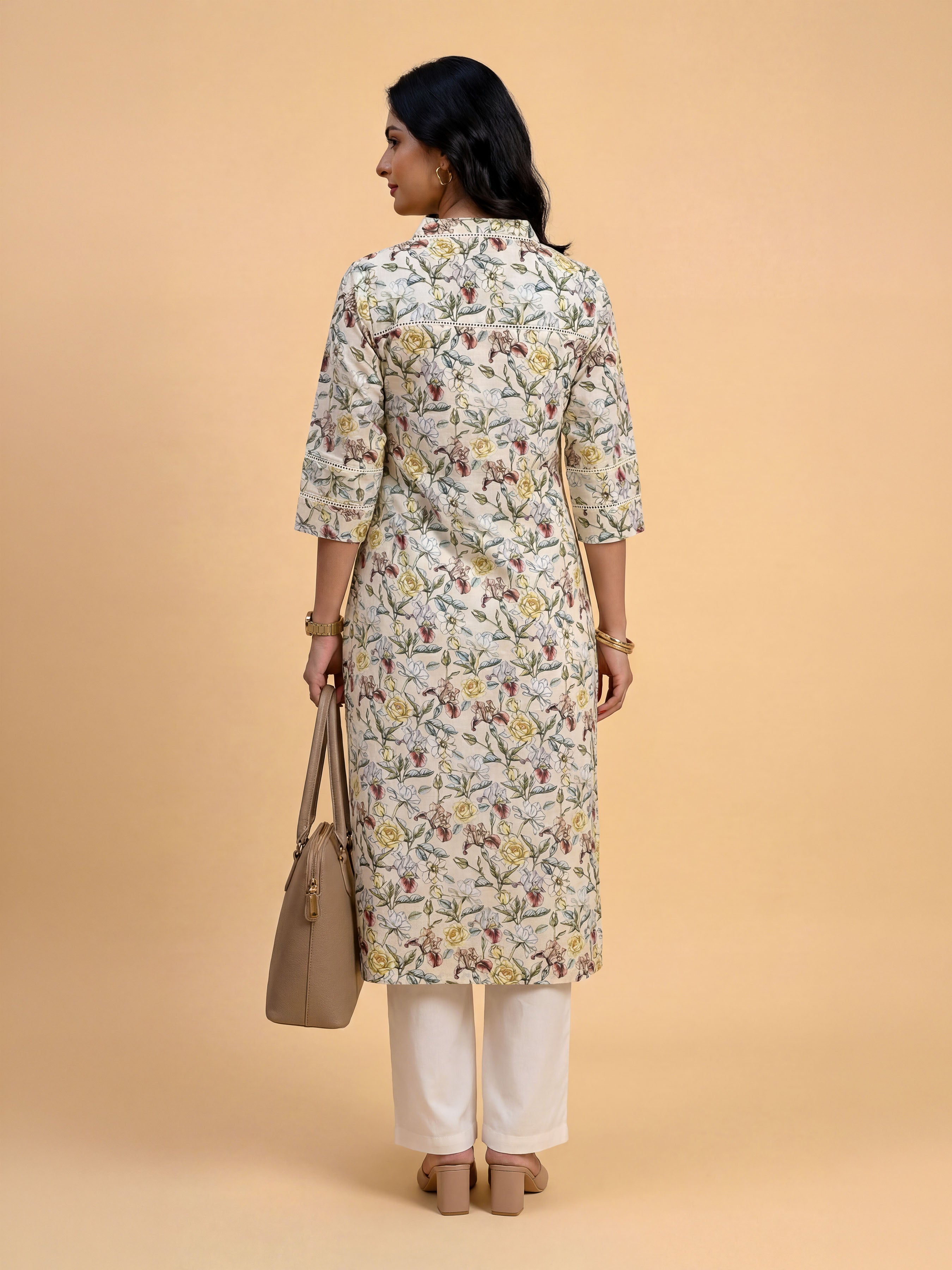 White Multicolour Pure Cotton Printed Slited Kurti With Lace
