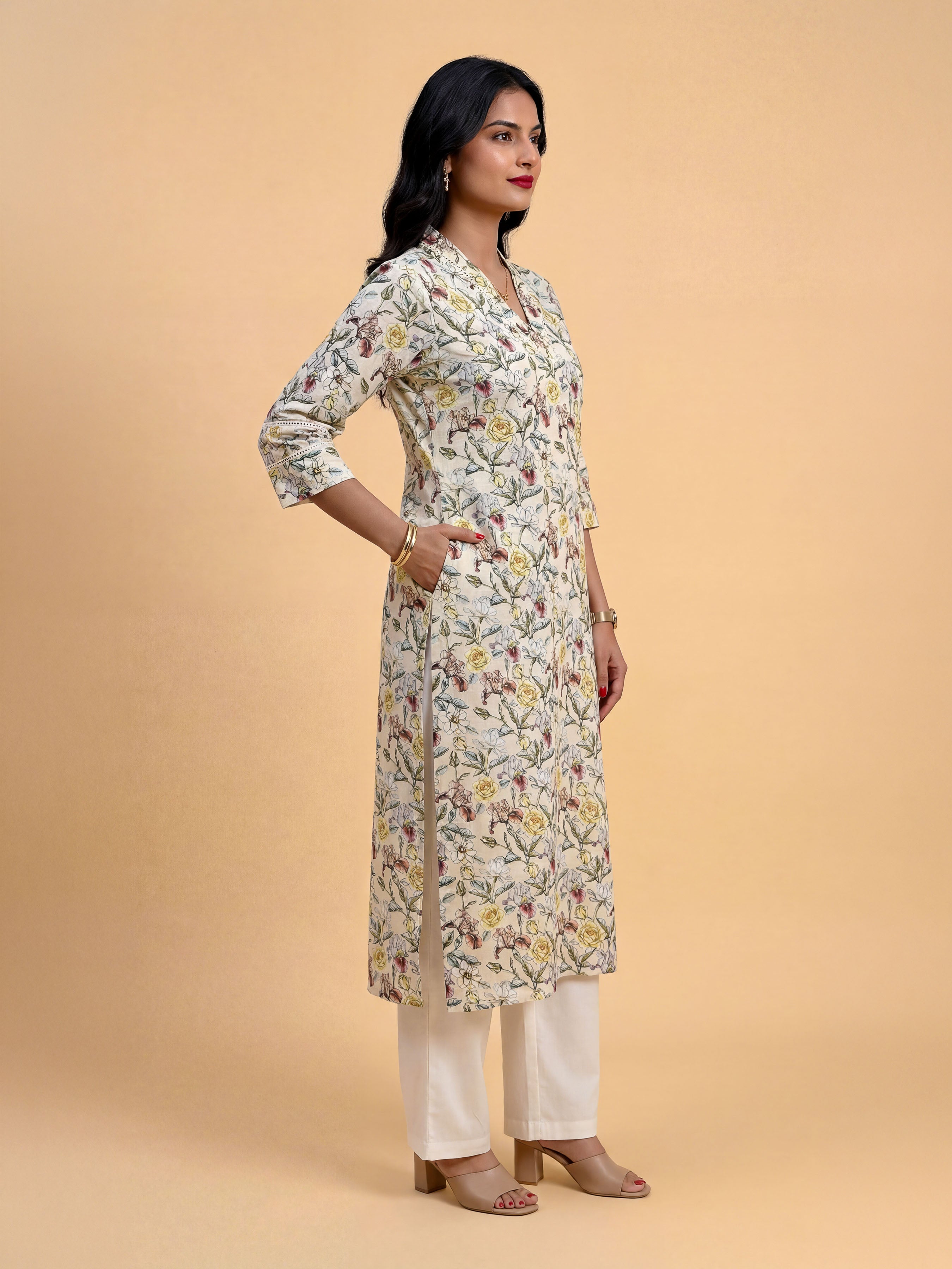 White Multicolour Pure Cotton Printed Slited Kurti With Lace