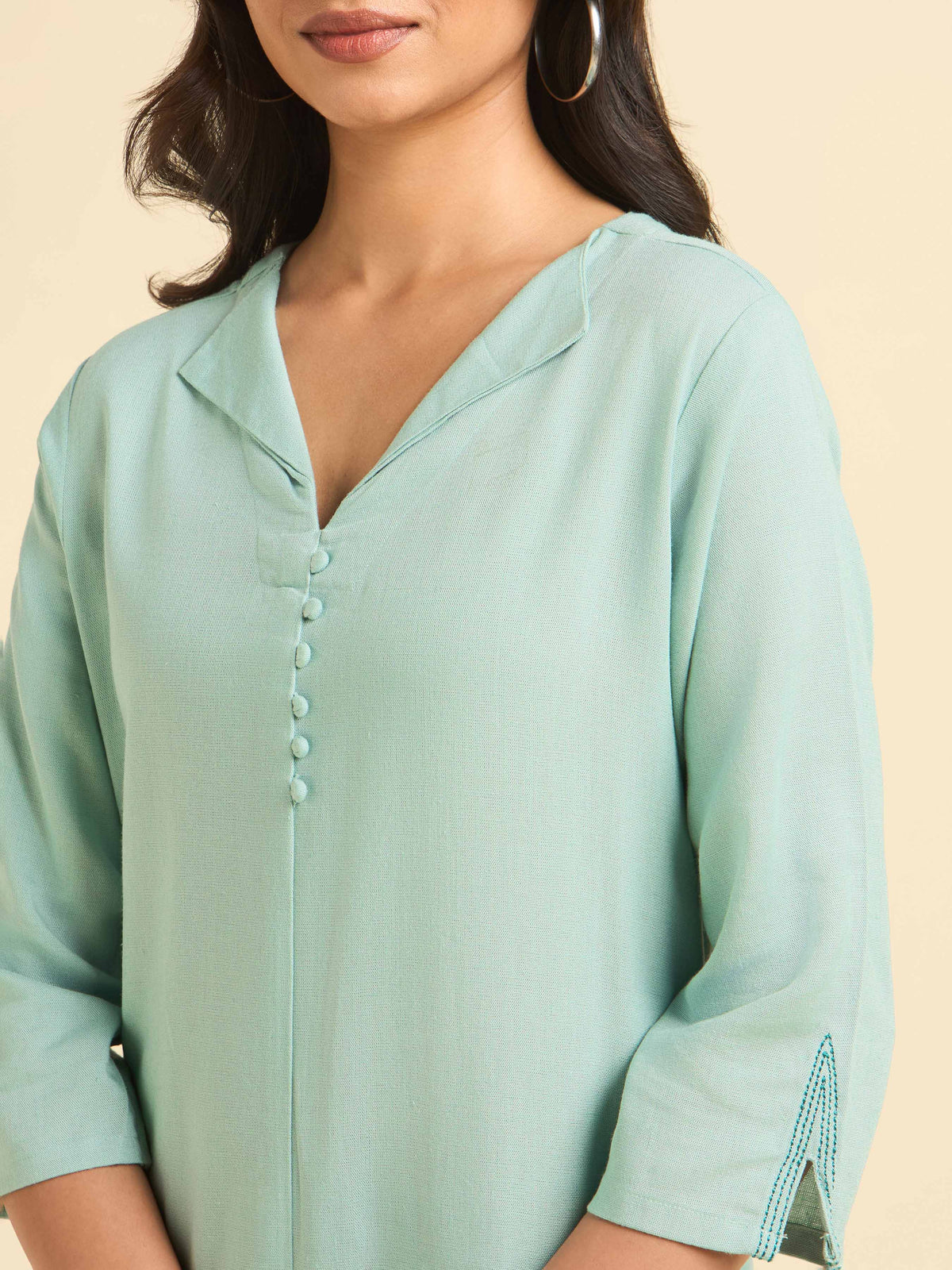 Aqua Green Viscose Linen Slitted Kurti Set With Embroidery